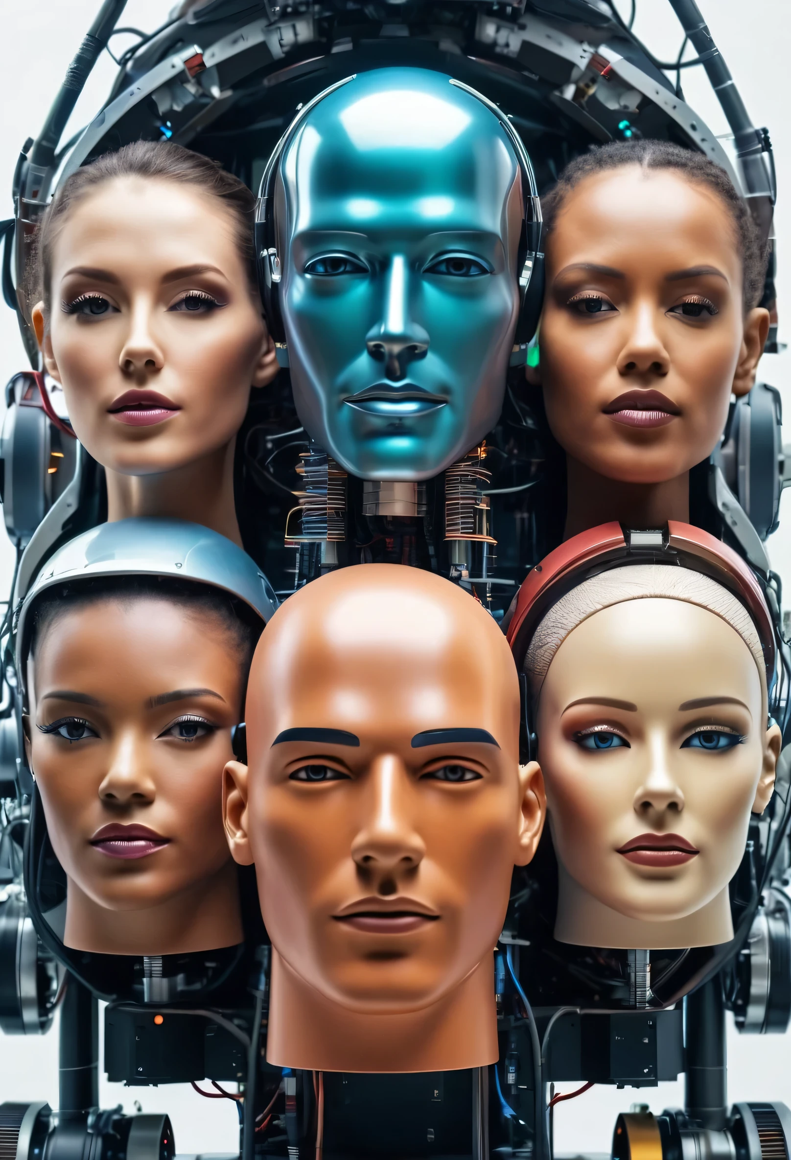 Wide shot of A theme park ride boarding area, people stand in line to climb into giant human heads whose tops open up so that you can sit inside the humans and operate them, inside the giant heads we see control sticks and, brain interface, brain computer interface, electronic brain, with robotic parts on the outside of the human heads, The heads are men and women of different races, ages, colors and they havcircuitry visible in head, man in futurist 6 0 ´ s lab, portrait of machine man, human like a cyborg