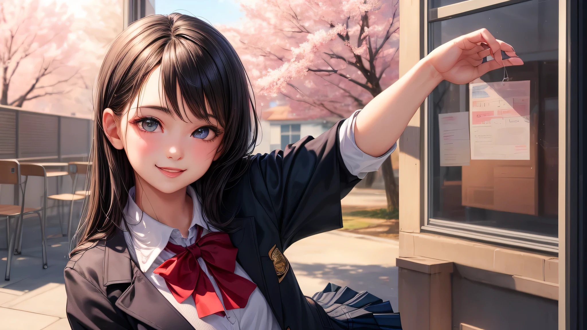 (1 girl:1.2), very cute face, Smile, (highly detailed eyes, highly detailed face), Fresh, very beautiful appearance, (surreal, High resolution), (highest quality:1.4), professional photography, (high School uniform, pleated mini skirt:1.2), smile a little, School, classroom, Cherry Blossomms, Cherry Blossom, road