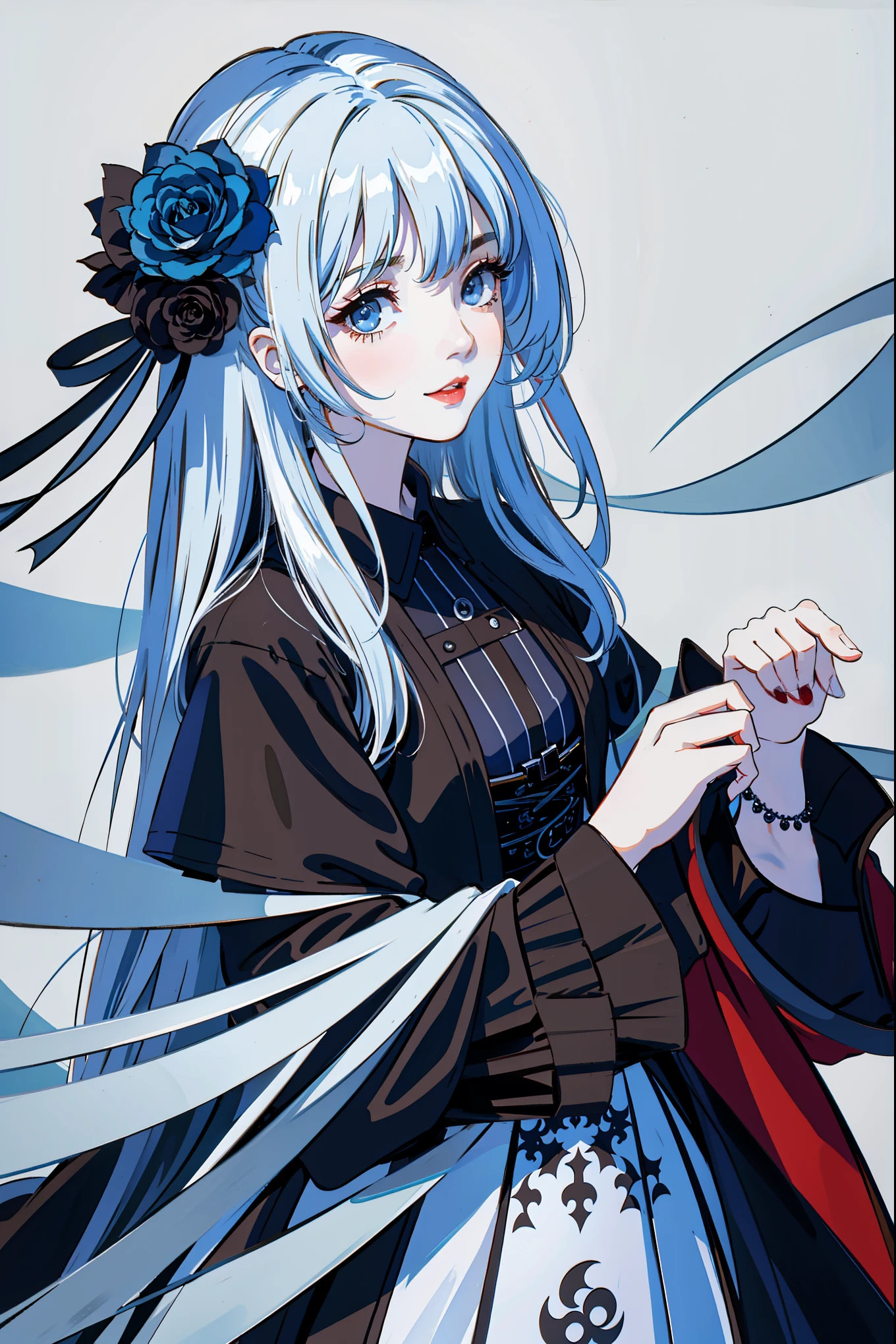 动漫 吸Blood鬼公主, long white hair, gothic style, Roses in your hair, Deep black eyelashes, White glowing iris, light blue dress, digital illustration, comic style, gothic renaissance, perfect anatomy, center, nearly perfect, Dynamic, Very detailed, Gothic castle detailed background, Blood, art station, concept art, Smooth, sharp focus, illustration, Artwork by wlop and ross tran ,flash
