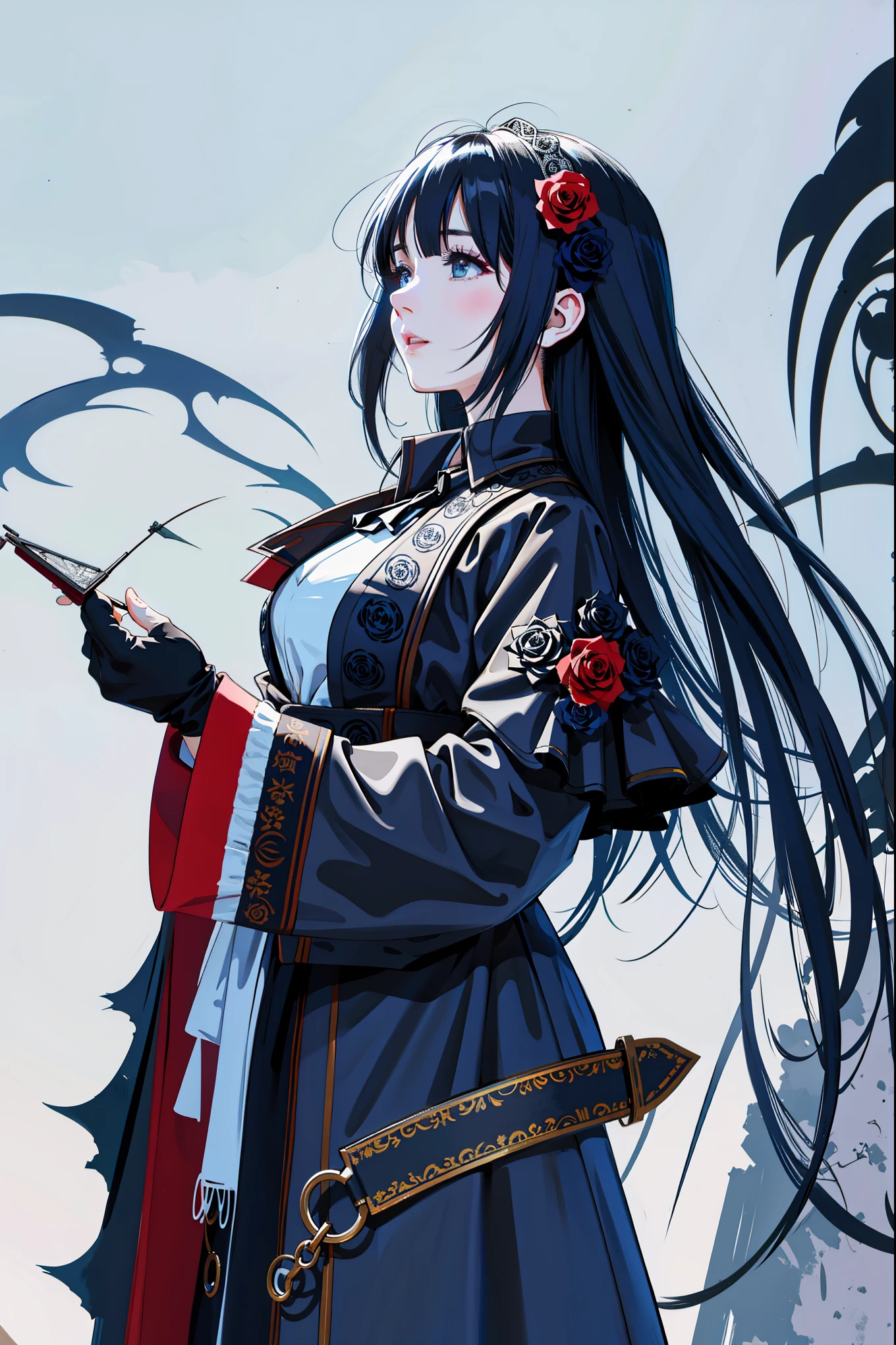 动漫 吸Blood鬼公主, long white hair, gothic style, Roses in your hair, Deep black eyelashes, White glowing iris, light blue dress, digital illustration, comic style, gothic renaissance, perfect anatomy, center, nearly perfect, Dynamic, Very detailed, Gothic castle detailed background, Blood, art station, concept art, Smooth, sharp focus, illustration, Artwork by wlop and ross tran ,flash
