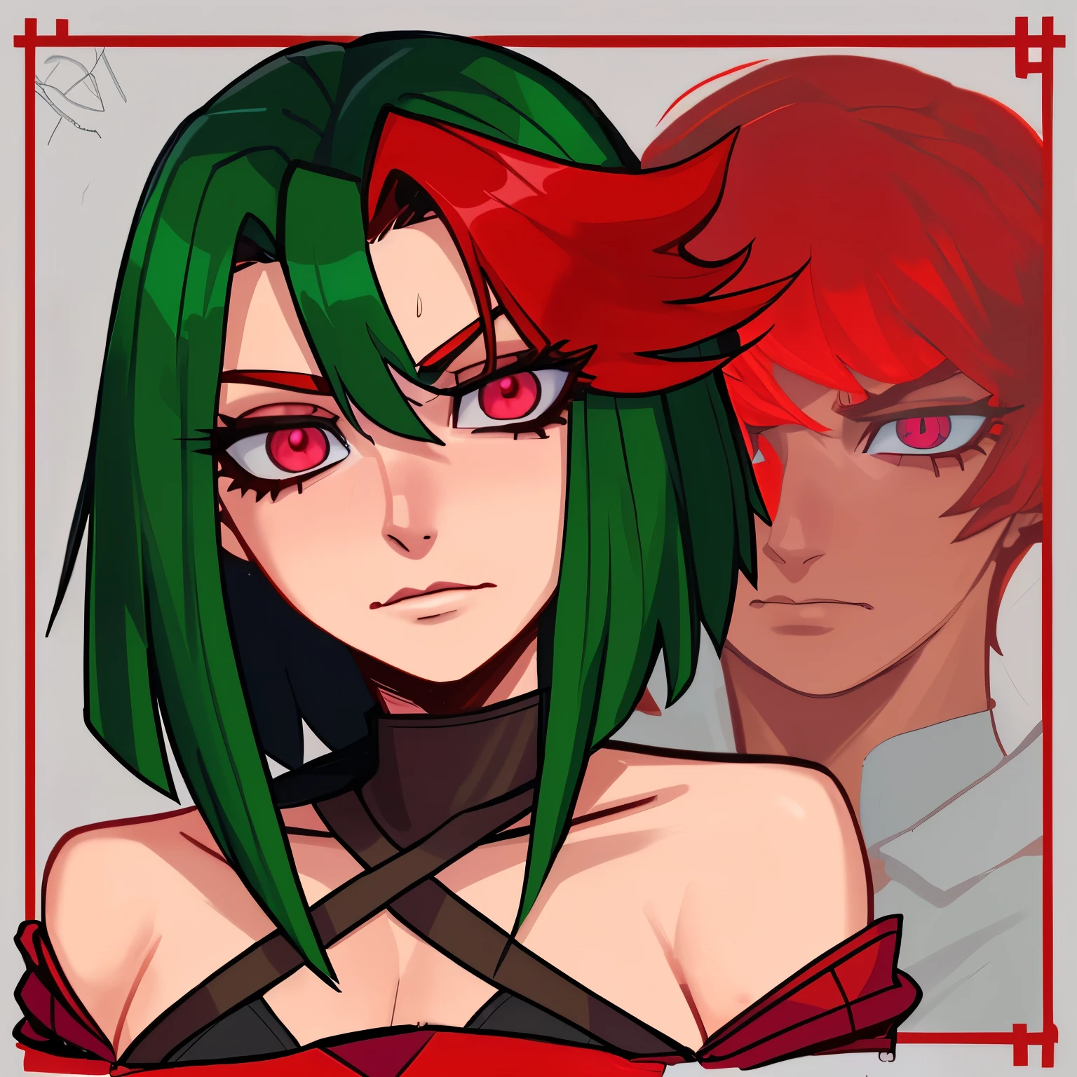 Mujer, de cabello rojo desordenado, ojos verdes, una mancha en su ojo derecho, an emotionless expression on his face, de piel palida y muy alta
