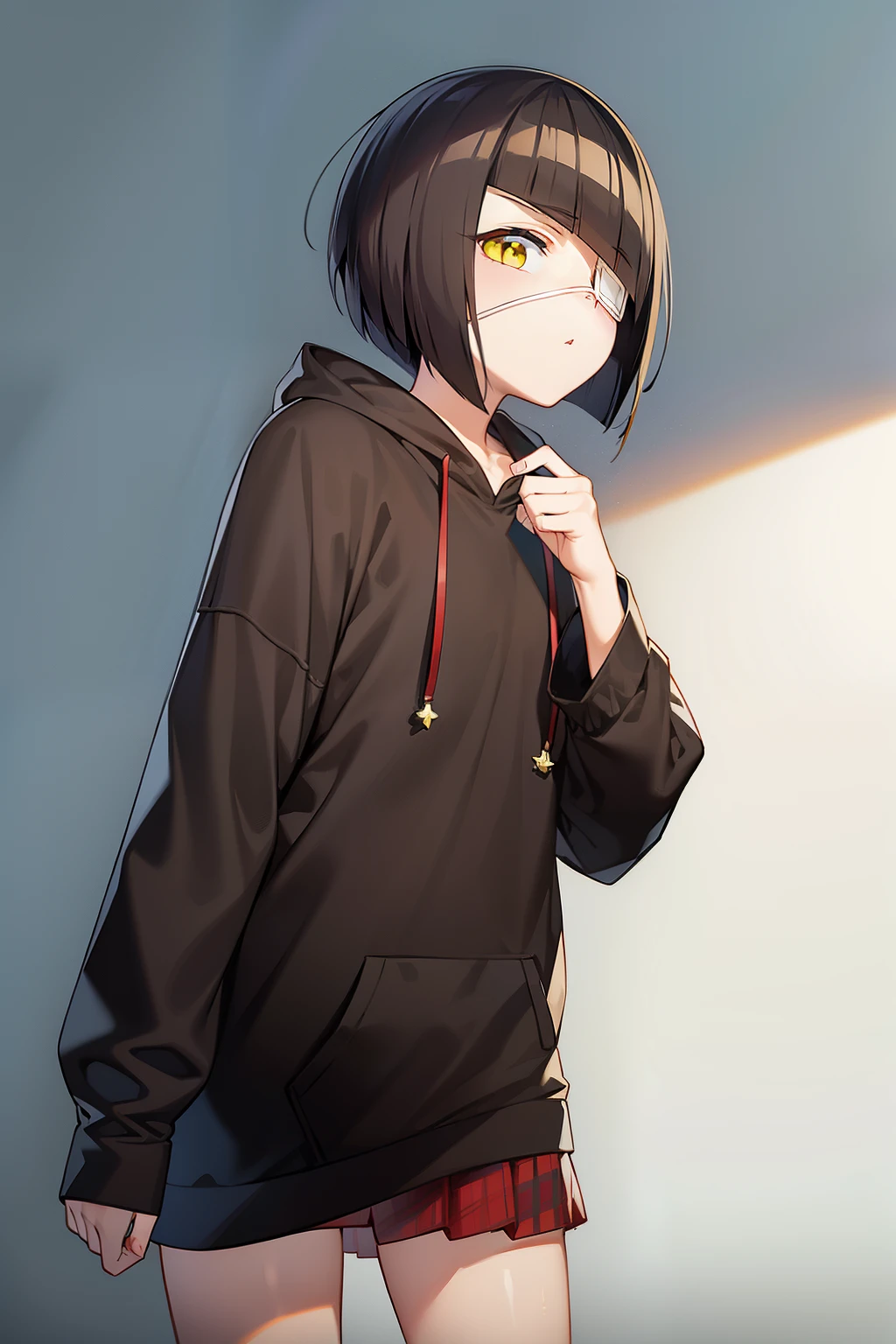 girl, nakanaka_omoharu, black hair, short hair, flat chest, golden eyes, white eye patch, black hoodie, red skirt, bare legs