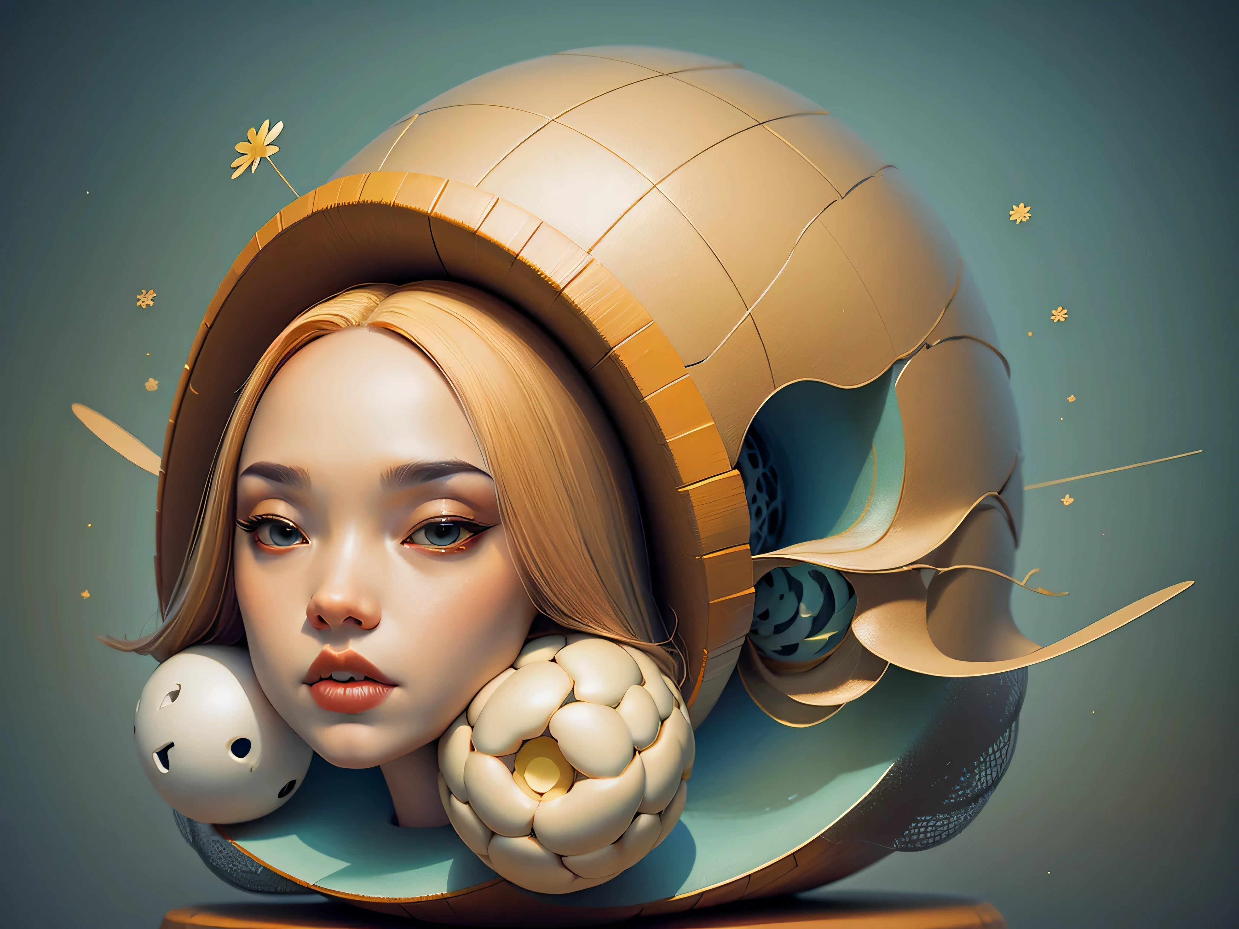 The human head consists of simple geometric shapes,square shapes,round form,spherical body、square shapes,Graphic illustration,closeup cleavage,In fantastic installation style,Realistic and imaginative,hang/hang,The human head consists of a fleshy outer portion, which surrounds the bony skull. The brain is enclosed within the skull. There are 22 bones in the human head. Multi-layered collage,metals、highlight,Radial