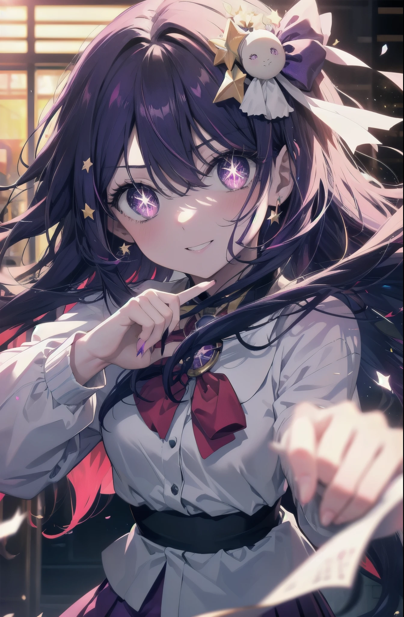aihoshino, Ai Hoshino, hair between eyes, hair ornaments, hair ribbon, long hair, one side up, (purple eyes:1.1), purple hair, rabbit hair ornaments, smile,(star-shaped pupil:1.5), pupil in the shape of a symbol,White Y-shirt,ribbon,purple blazer,Purple pleated skirt,black pantyhose,chan loafers,sunrise,morning,
break looking at viewer,
break outdoors,In town,building street,
break (masterpiece:1.2), highest quality, High resolution, unity 8k wallpaper, (figure:0.8), (detailed and beautiful eyes:1.6), highly detailed face, perfect lighting, Very detailed CG, (perfect hands, perfect anatomy),