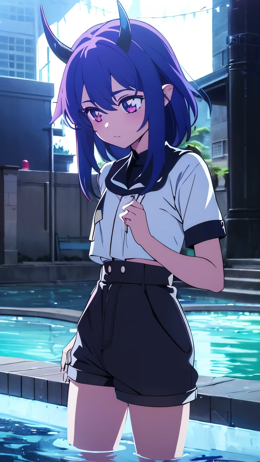 1 girl ,(big Stigmata), non binary, androgynous, School courtyard, (floating hair), ((in courtyard fountain)), character focus, ((black light)),((dark lighting)), cinematic lighting ,(darkness), (concept art), ((innocent face)), blue short straight hair, light blue hair color, dragonoid girl, short, short blue hairy, glowing bluish-purple horns, bluey-purple eye color, (glowing eyes), high resolution,(incredibly absurdres) ,extremely detailed CG unity 8k wallpaper, ((masterpiece)), ((top-quality)), (beautiful illustration), ((an extremely delicate and beautiful)), (masterpiece, Best quality, ultra high resolution), 1 girl, pale skin, Black Crown, purple eyes, Luminous_eyes, neon blue eyes, ultra detailed eyes, Beautiful and detailed face, detailed eyes, (Centered, torso), (wide shot:0.9), facing the viewer, Eye level, flat chested, flat chest, cup size AAA, Wearing black cargo shorts, sharp horns, blue horns on top of head,