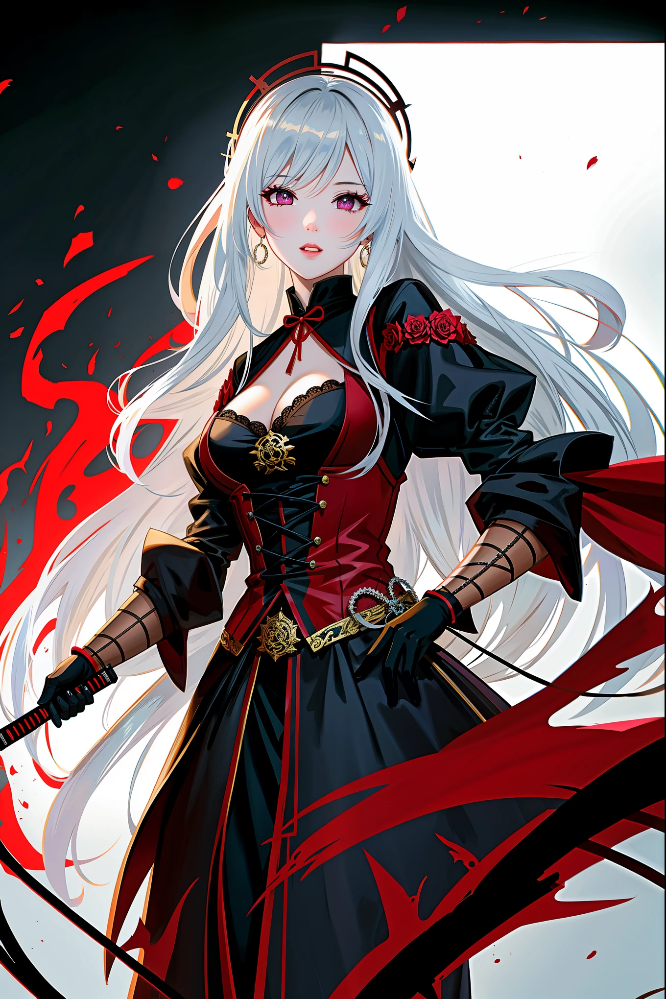 a woman with white hair and red streaks, neutral facial expression, detailed red eyes, holding a large ornate purple sword, detailed eyes, extremely detailed sword, cinematic dramatic lighting, fantasy, concept art
