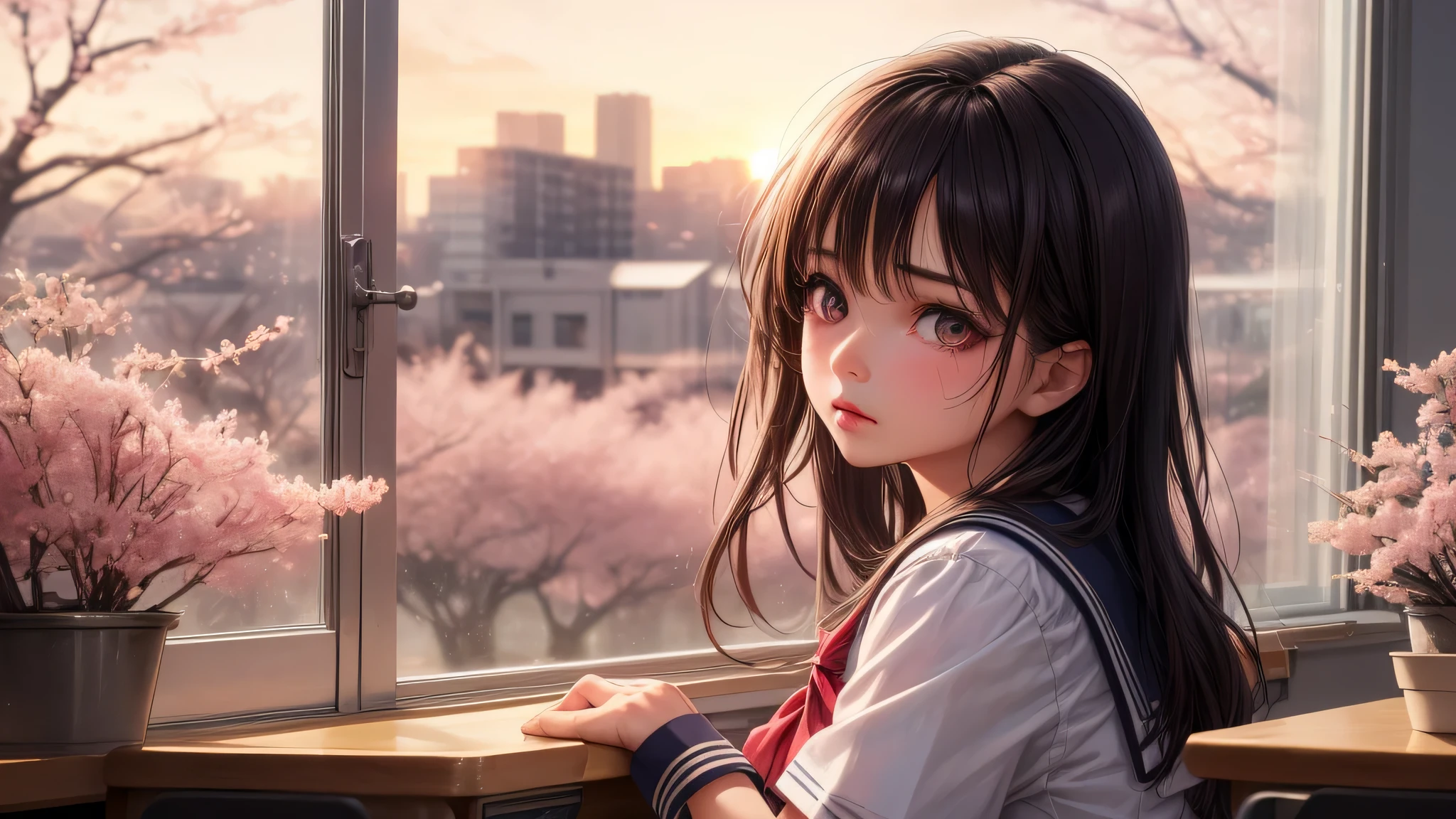 (1girl), brown eyes, (highly detailed eyes, highly detailed face), (hyper-realistic, hight resolution), (best Quality:1.4), (high school uniform, pleated mini skirt:1.2), model, Enchanting, Sublime, indoors, school, classroom, sunset, alone, tears in her eyes, (Cherry blossoms), window, 