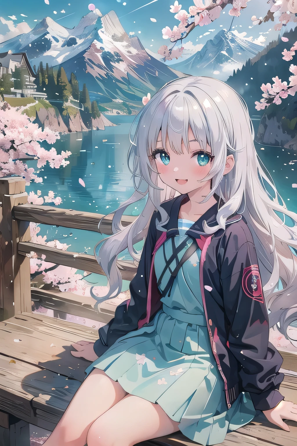 (masterpiece), scenery, mountainous horizon, cherry blossoms, petal, particles of light, Upper body, 1 girl, crew, wavy hair, floating hair, smile, sitting, open your mouth, particles of light, silver hair, aqua eye, looking at the viewer, face focus