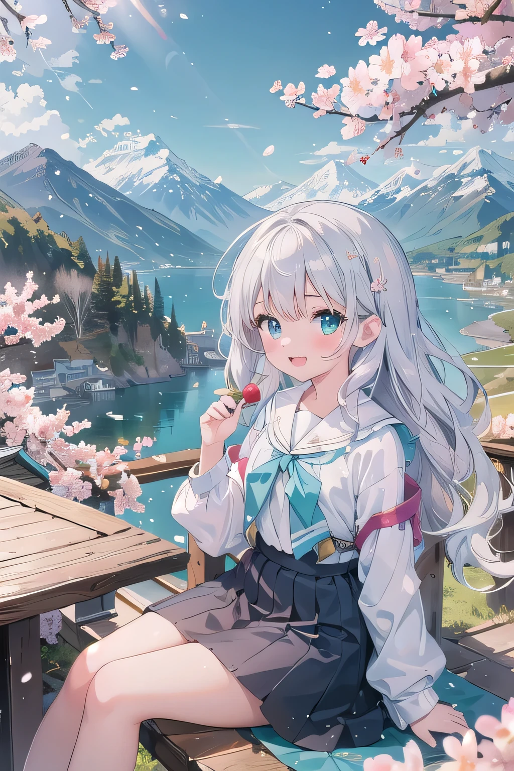 (masterpiece), scenery, mountainous horizon, cherry blossoms, petal, particles of light, Upper body, 1 girl, crew, wavy hair, floating hair, smile, sitting, open your mouth, particles of light, silver hair, aqua eye, looking at the viewer, face focus