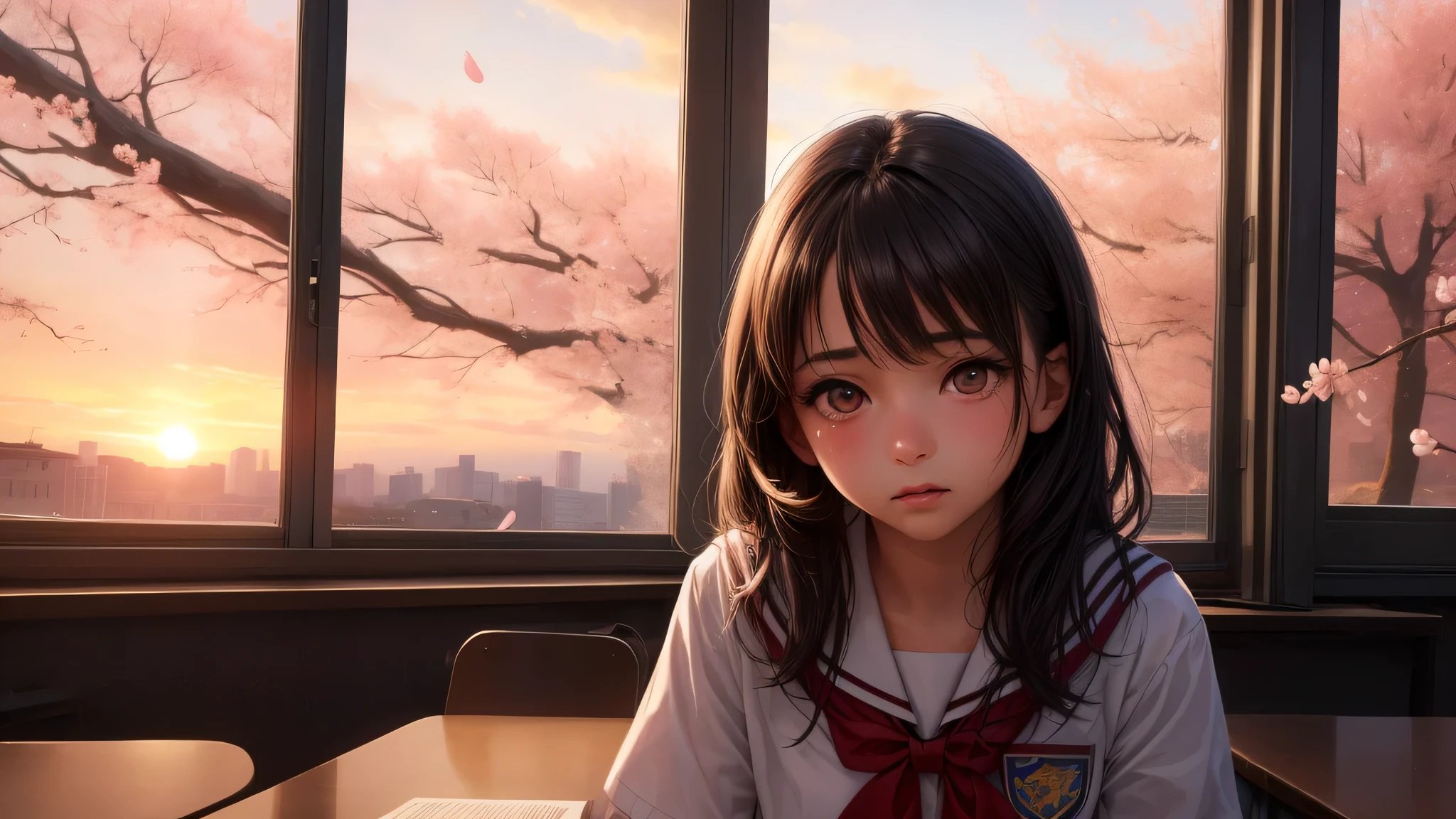 (1girl), brown eyes, (highly detailed eyes, highly detailed face), (hyper-realistic, hight resolution), (best Quality:1.4), (high school uniform, pleated mini skirt:1.2), model, Enchanting, Sublime, indoors, school, classroom, sunset, alone, tears in her eyes, (Cherry blossoms), window, schoolyard, ground,
