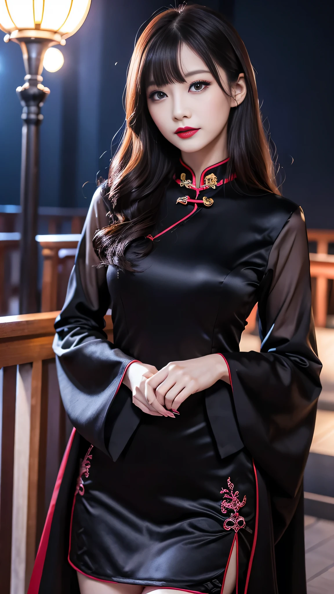 Super detailed、Japanese、charming beauty、seductive adult woman、Beautiful woman、sharp eyes、cool girl、wavy hair、long black cheongsam、wide sleeve、evilの幹部、evil depravity、brainwashing、Mind control、lipstick、grin、evilな表情、evil、empty eyes、evil、church at night、vampire、vampire、Hypnosia makeup brush