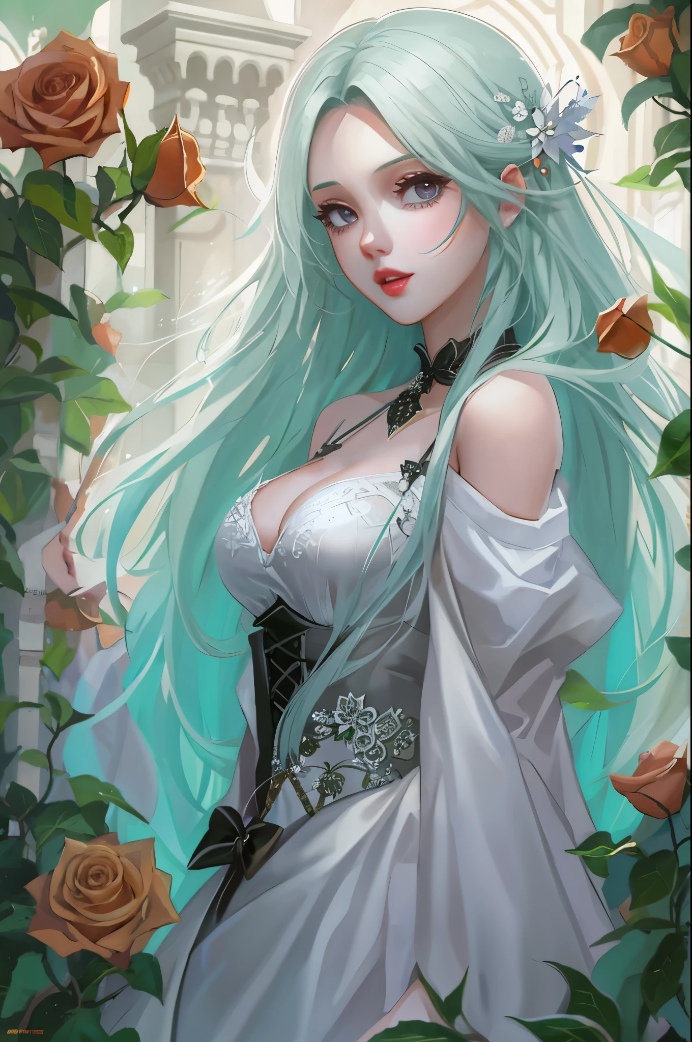 动漫 吸Blood鬼公主, long white hair, gothic style, Roses in your hair, Deep black eyelashes, White glowing iris, light blue dress, digital illustration, comic style, gothic renaissance, perfect anatomy, center, nearly perfect, Dynamic, Very detailed, Gothic castle detailed background, Blood, art station, concept art, Smooth, sharp focus, illustration, Artwork by wlop and ross tran ,flash