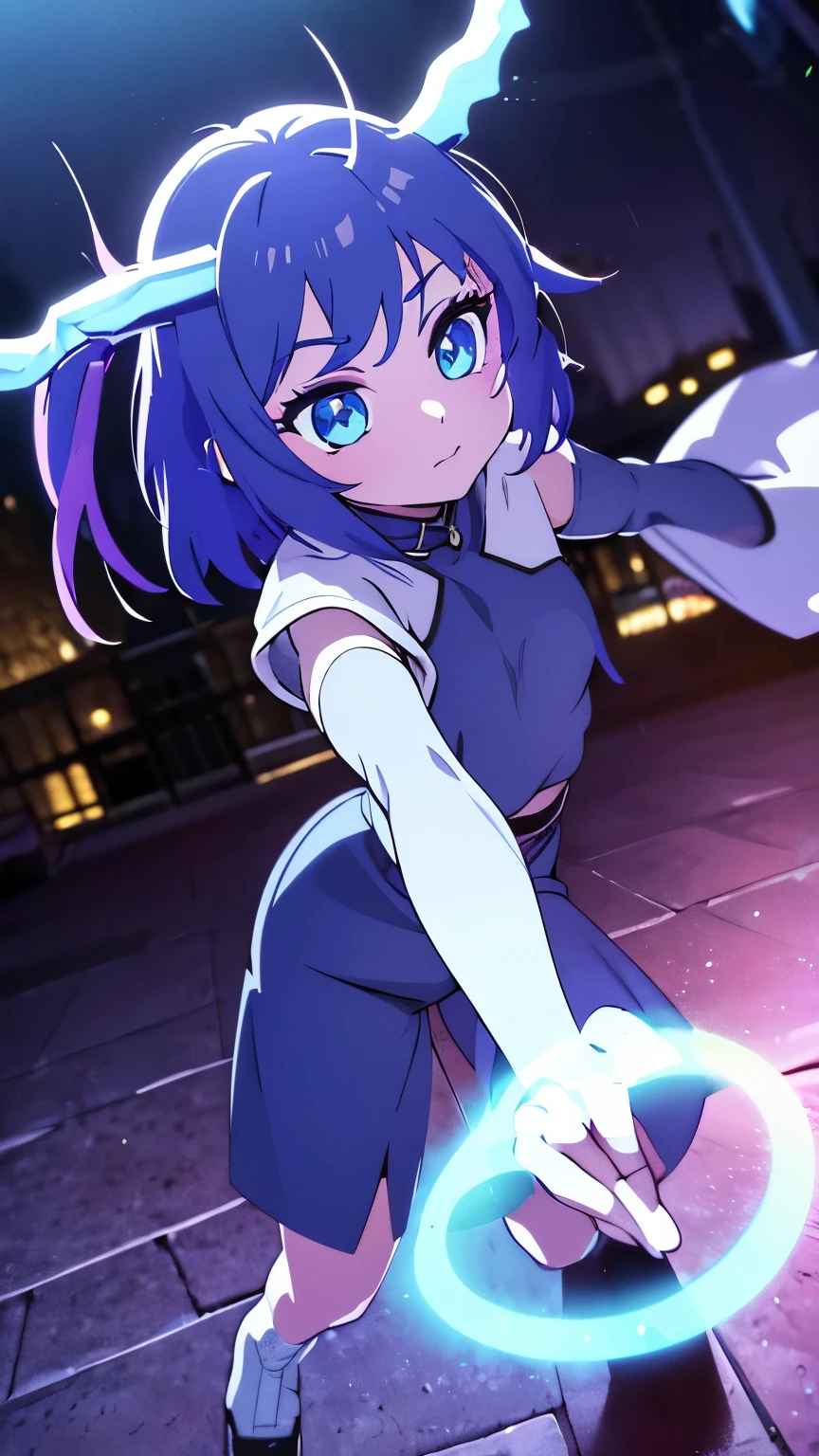1 girl ,(big Stigmata), non binary, androgynous, School courtyard, (floating hair), ((in courtyard fountain)), character focus, ((black light)),((dark lighting)), cinematic lighting ,(darkness), (concept art), ((innocent face)), blue short straight hair, light blue hair color, dragonoid girl, short, short blue hairy, glowing bluish-purple horns, bluey-purple eye color, (glowing eyes), high resolution,(incredibly absurdres) ,extremely detailed CG unity 8k wallpaper, ((masterpiece)), ((top-quality)), (beautiful illustration), ((an extremely delicate and beautiful)), (masterpiece, Best quality, ultra high resolution), 1 girl, pale skin, Black Crown, purple eyes, Luminous_eyes, neon blue eyes, ultra detailed eyes, Beautiful and detailed face, detailed eyes, (Centered, torso), (wide shot:0.9), facing the viewer, Eye level, flat chested, flat chest, cup size AAA, Wearing black cargo shorts, sharp horns, blue horns on top of head,