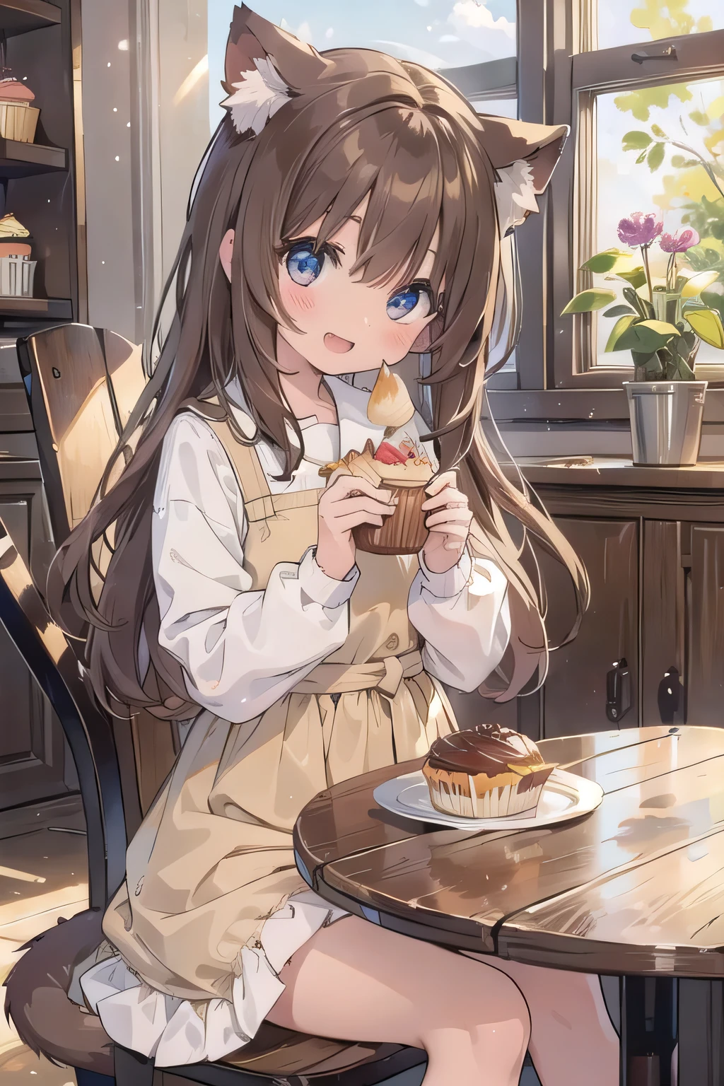 (masterpiece), indoor, bakery, cupcake, sitting, table, head tilt, looking at the viewer, Have food, sunlight, 1 girl, blush, smile, open your mouth, teeth, Cat ear, tail, long hair, light brown hair