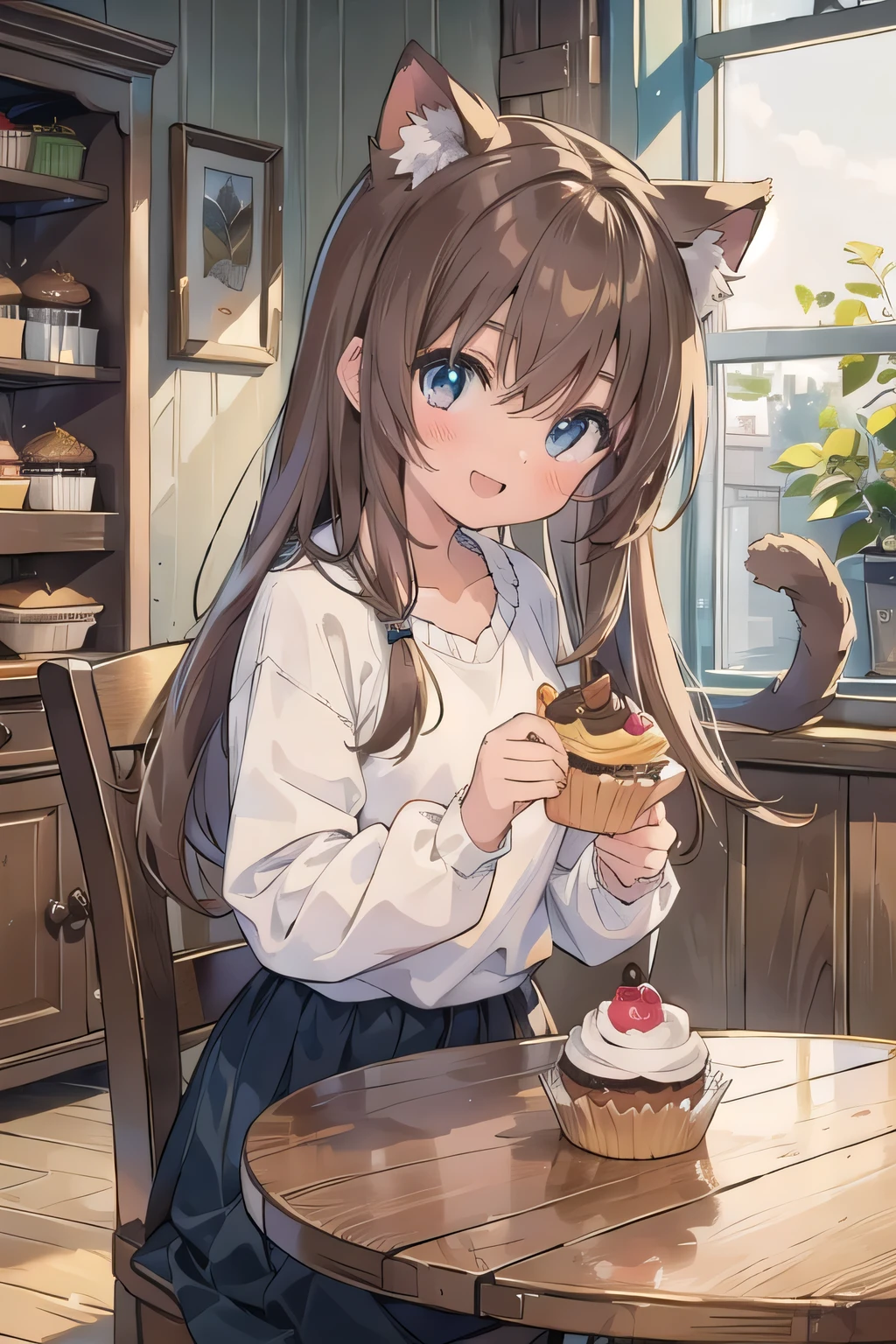 (masterpiece), indoors, bakery, cupcake, sitting, table, head tilt, looking at viewer, holding panties, white panties, sunlight, 1girl, blush, smile, open mouth, fang, cat ears, tail, long hair, light brown hair