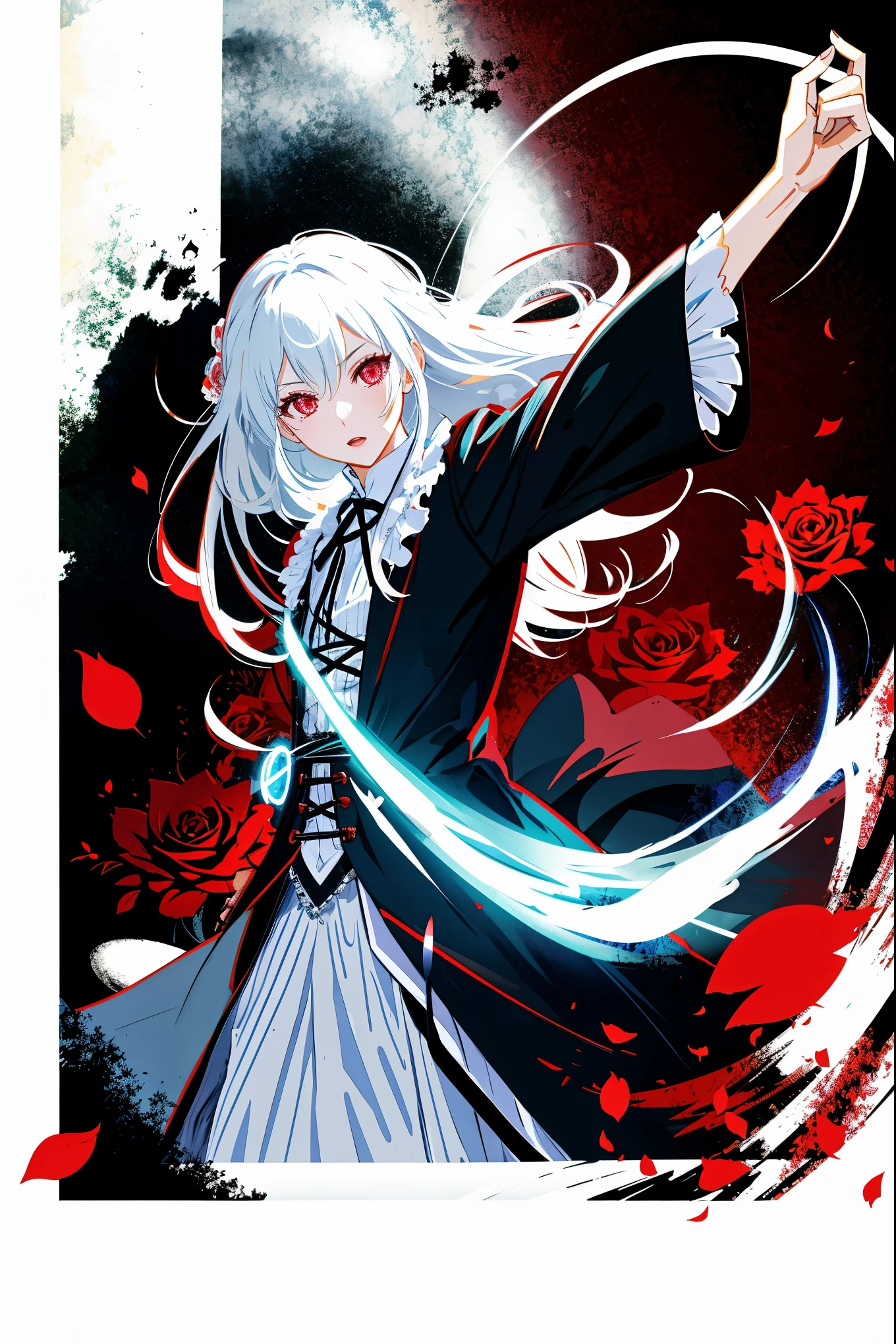 动漫 吸Blood鬼公主, long white hair, gothic style, Roses in your hair, Deep black eyelashes, White glowing iris, light blue dress, digital illustration, comic style, gothic renaissance, perfect anatomy, center, nearly perfect, Dynamic, Very detailed, Gothic castle detailed background, Blood, art station, concept art, Smooth, sharp focus, illustration, Artwork by wlop and ross tran ,flash