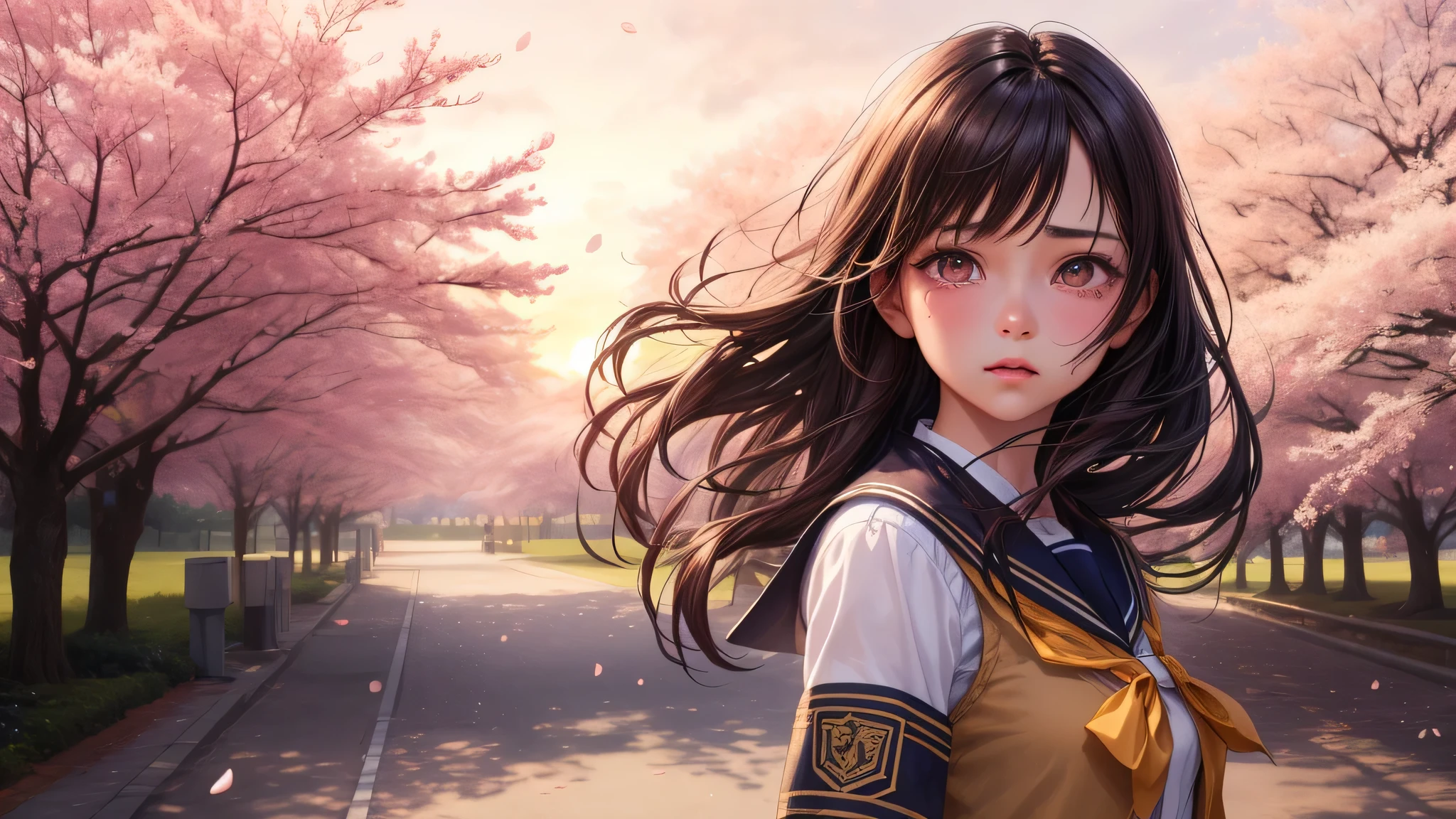 (1girl), brown eyes, (highly detailed eyes, highly detailed face), (hyper-realistic, hight resolution), (best Quality:1.4), (high school uniform, pleated mini skirt:1.2), model, Enchanting, Sublime, sunset, alone, tears in her eyes, (Cherry blossoms), cherry blossoms at night,