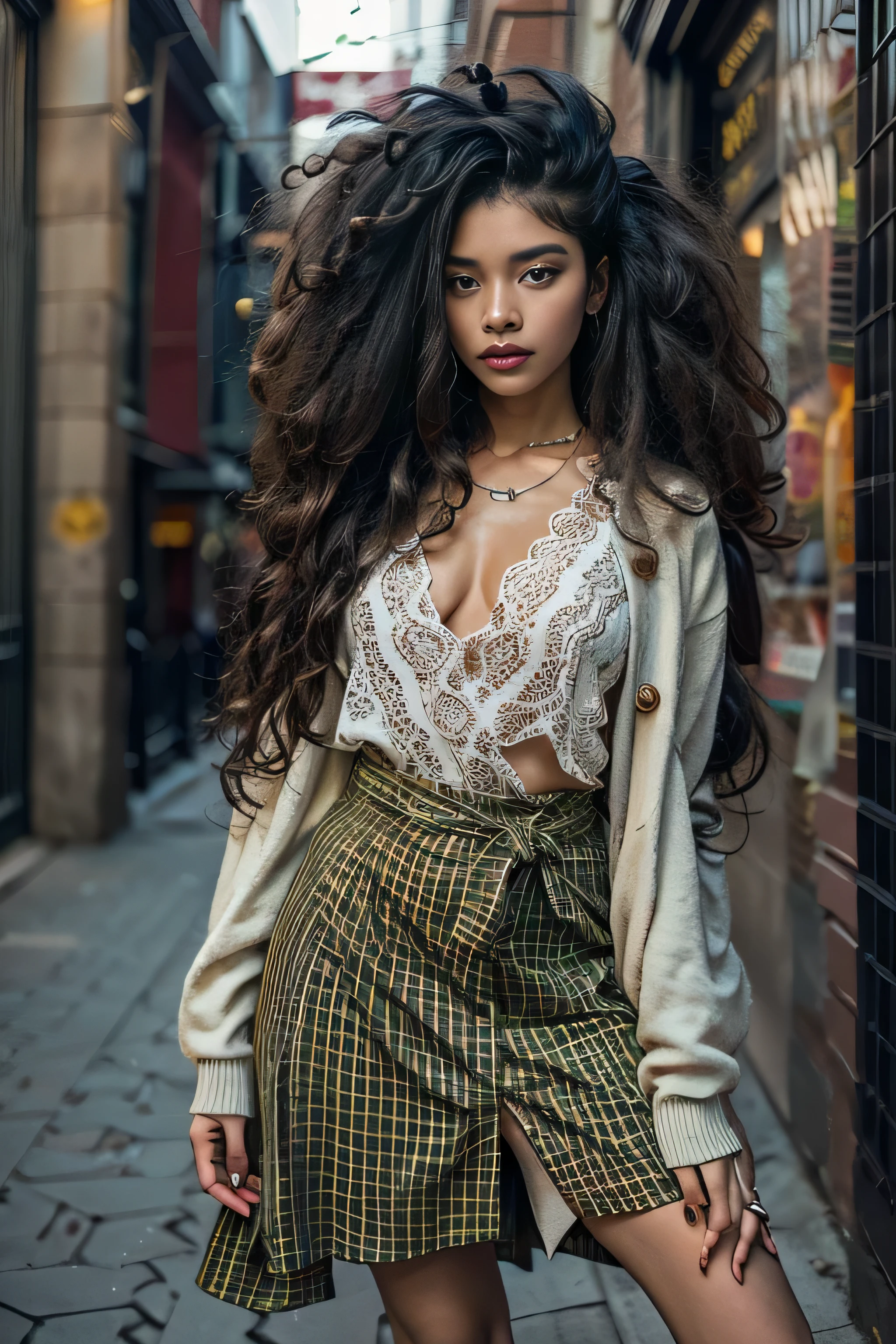 masterpiece, best quality, beautiful African and Asian mixed 19 year old, ebony skin female, long, frizzy, curly dark hair, perfect face, long hair, melanin, street style clothes