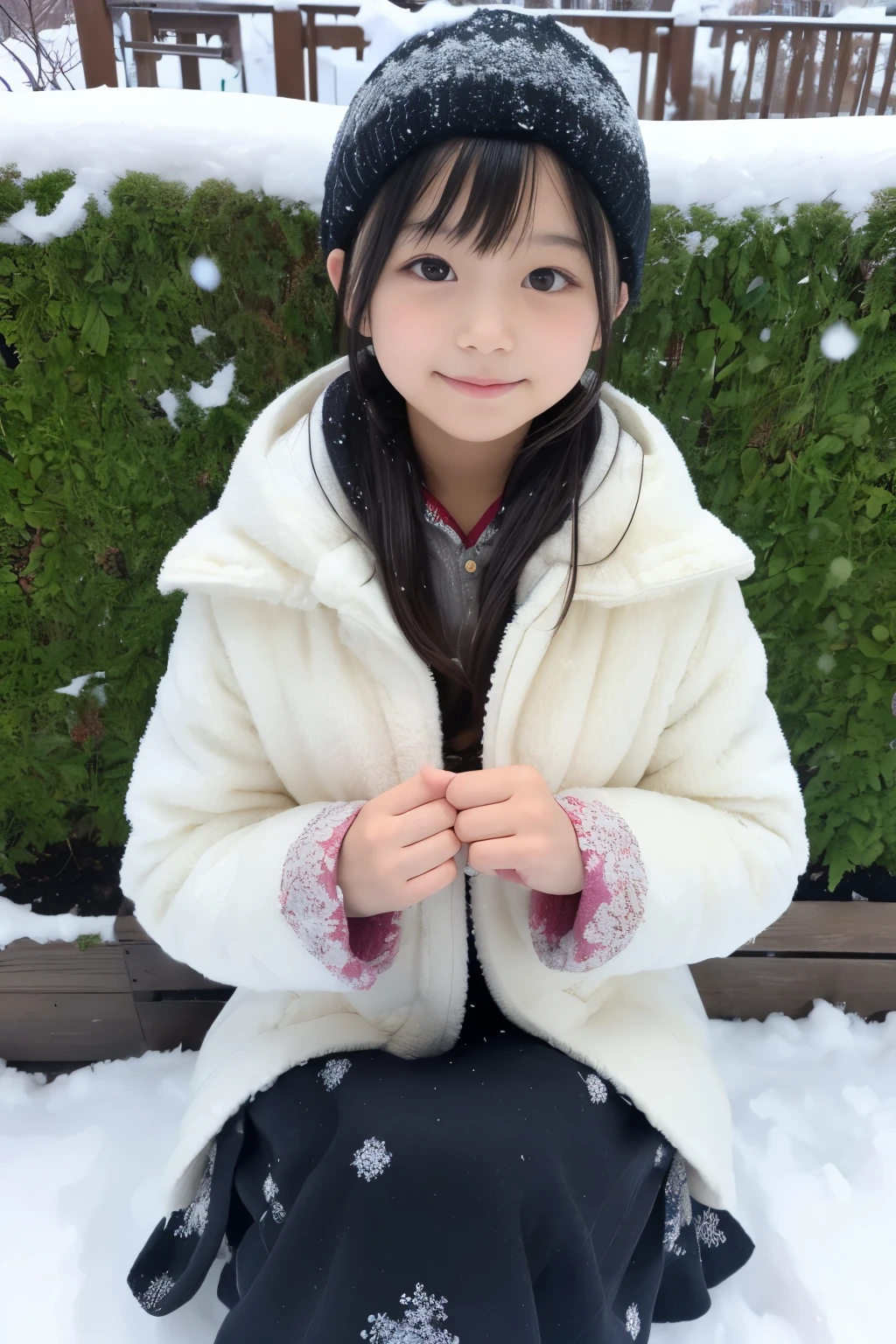 8k,Japanese,10 years old,innocent face,teenage girl,cute,Winter clothes,everyday wear,snow,sitting,black hair,flower garden,hair clip,Decolletage