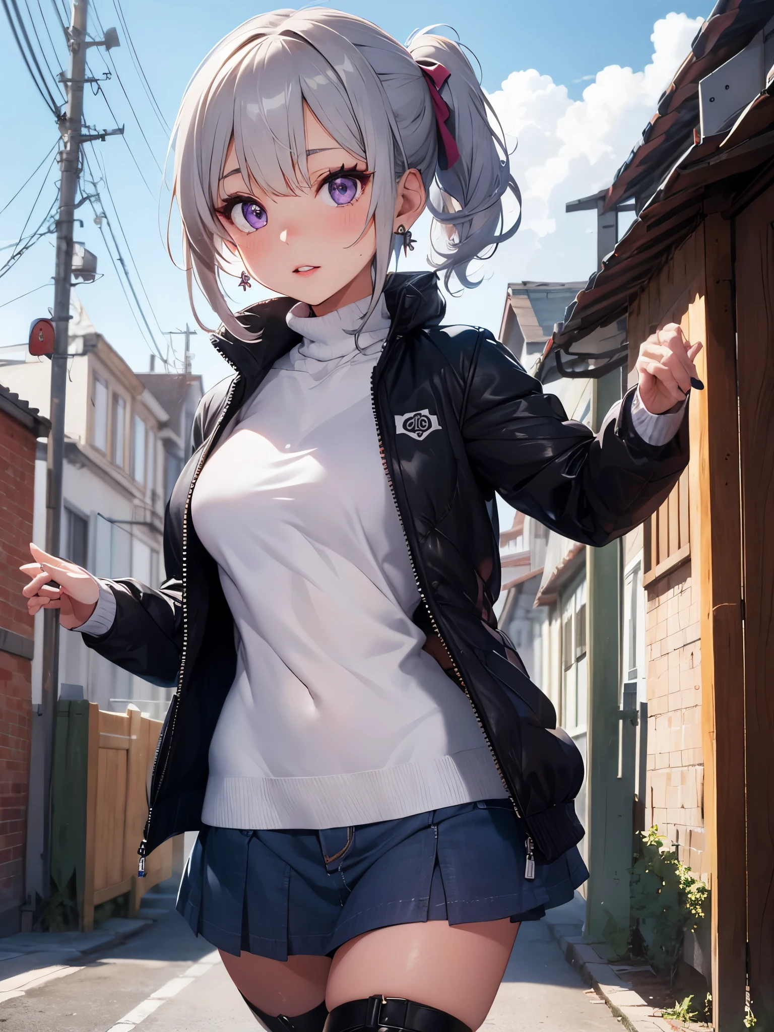 masterpiece,best quality,ultra-detailed,extremely detailed CG,high resolution,super detailed skin,perfect anatomy,trompe-l'?il illusionistic detail,cowboy shot,purple eyes,lipstick,eyeliner,eyeshadow,slender,shiny skin,medium breasts,bob cut,silver hair,shiny hair,BREAK 
The pastel-colored (turtle neck sweater:1.3) gives it a cute look, and the gingham check pattern box-bleated miniskirt gives it a healthy sex appeal.
The calm color (puffer down jacket:1.3) gives it a mature look.
BREAK 
On her feet, she wears long leather boots with a small ribbon as an accent, giving her a cute look.
BREAK 
With her hair up, she shows off her liveliness.
Her makeup is natural and her lips are mainly a cute pink color, which enhances her overall healthy and cute look.
Earrings and necklaces have cute designs that give you a sense of excitement when you go out.
BREAK 