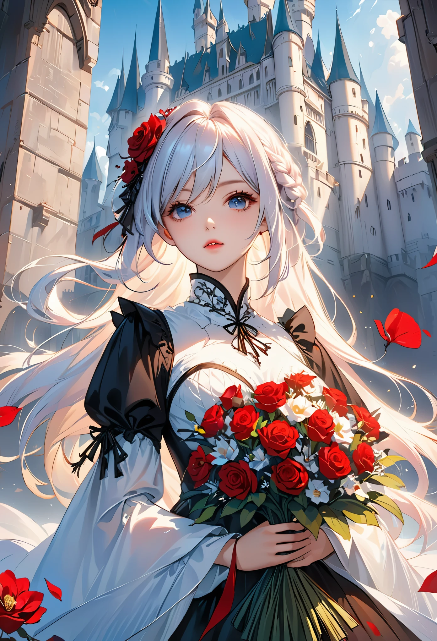 动漫 吸Blood鬼公主, long white hair, gothic style, Roses in your hair, Deep black eyelashes, White glowing iris, light blue dress, digital illustration, comic style, gothic renaissance, perfect anatomy, center, nearly perfect, Dynamic, Very detailed, Gothic castle detailed background, Blood, art station, concept art, Smooth, sharp focus, illustration, Artwork by wlop and ross tran ,flash