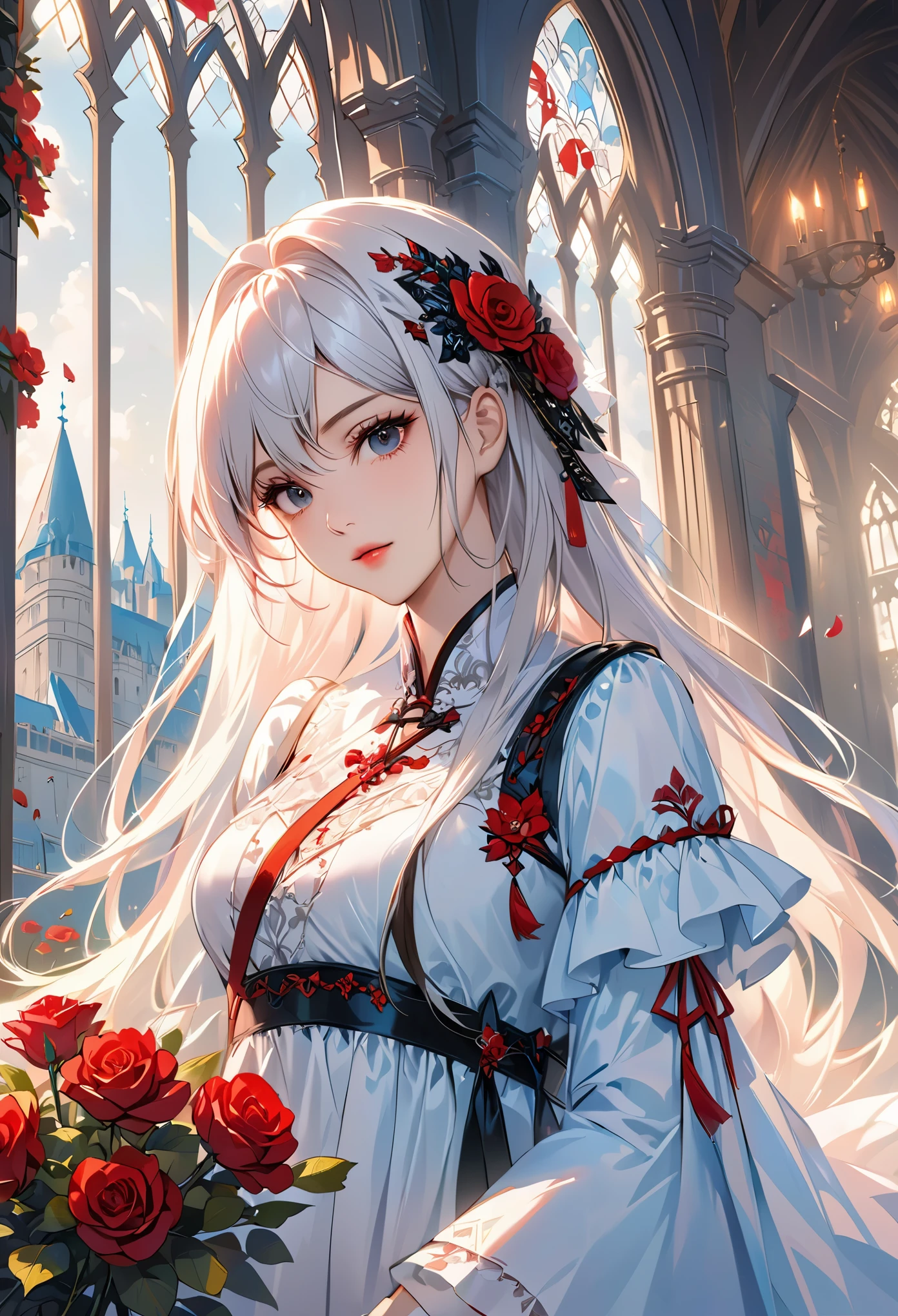 动漫 吸Blood鬼公主, long white hair, gothic style, Roses in your hair, Deep black eyelashes, White glowing iris, light blue dress, digital illustration, comic style, gothic renaissance, perfect ???????, center, nearly perfect, Dynamic, Very detailed, Gothic castle detailed background, Blood, art station, concept art, Smooth, sharp focus, illustration, Artwork by wlop and ross tran ,flash