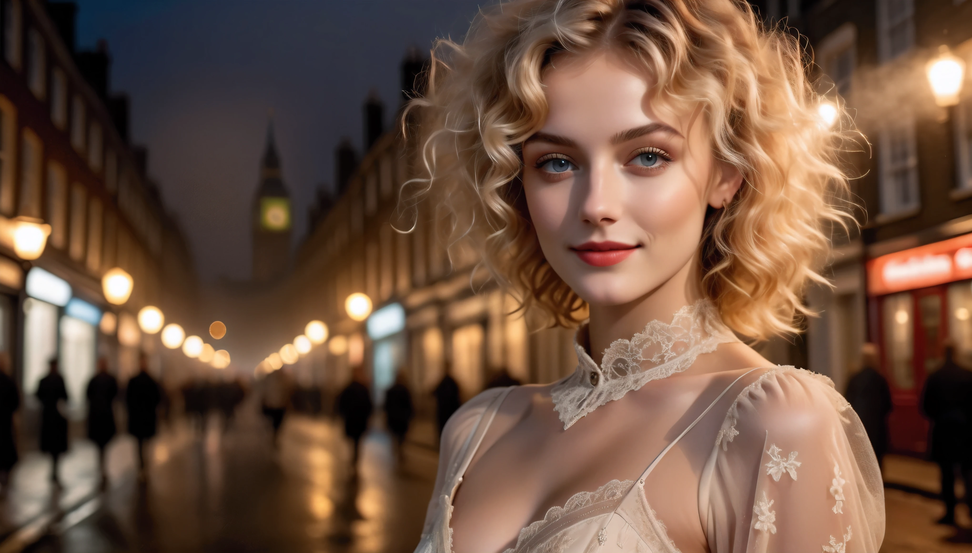 side shot photo of English Supermodel Beauty, RAW, Blonde Hair, ((Aquiline Nose)), (Short Curly Hairstyle), ((detailed Englsih face)), ((detailed facial features)), (finely detailed skin), pretty skin, (detailed beautiful eyes), (Skimpy Victorian dress), (at a foggy London street at night), ((tynsdall effect)), (warm colors), breeze, breeze, reflection, (masterpiece), (perfect aspect ratio), (realistic photo), (best quality), (detailed) photographed on a Canon EOS R5, 50mm lens, F/2.8, HDR, (8k) (wallpaper) (cinematic lighting) (dramatic lighting) (sharp focus) (intricate) cute smile, no shadow.