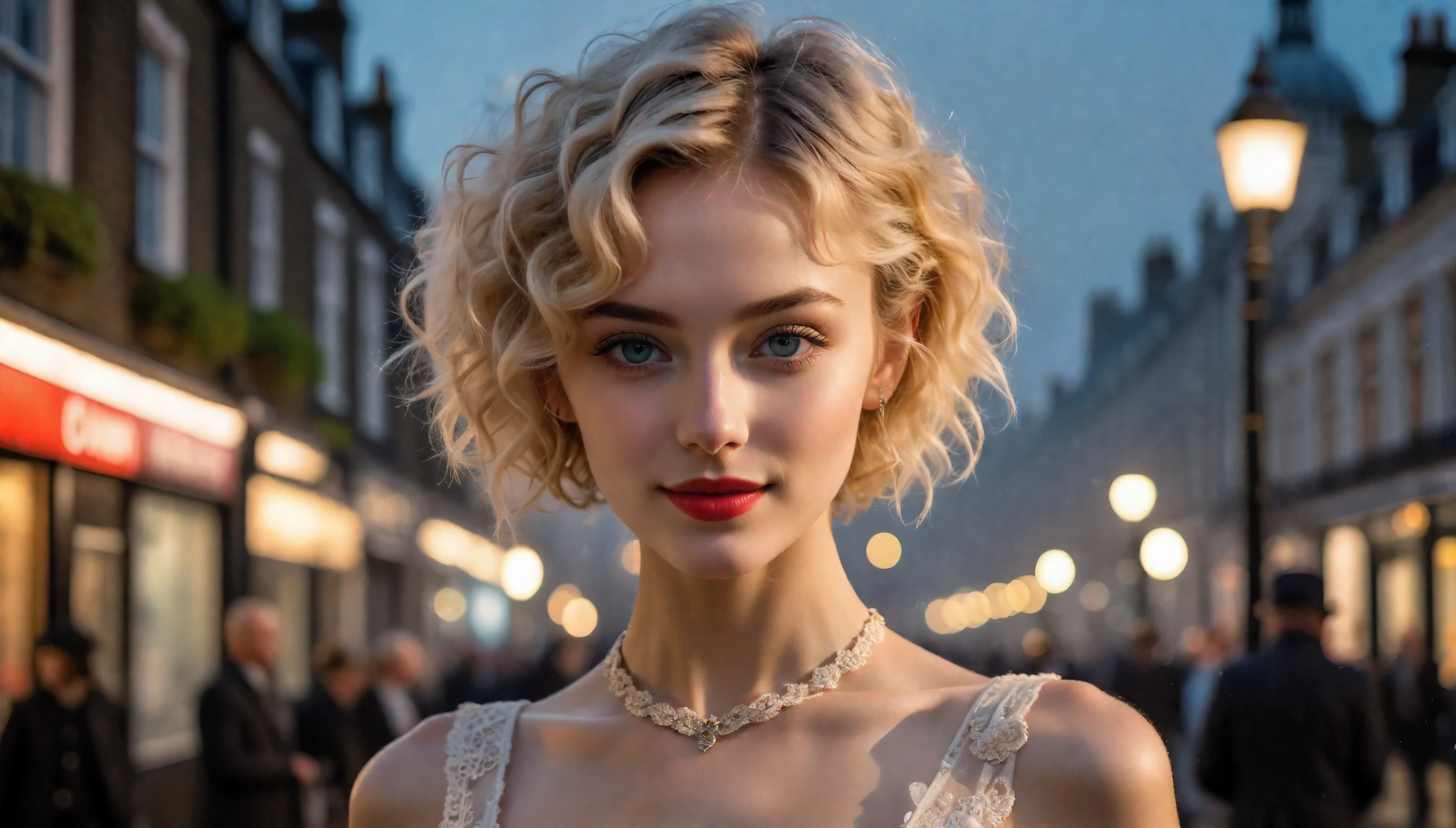 side shot photo of English Supermodel Beauty, RAW, Blonde Hair, ((Aquiline Nose)), (Short Curly Hairstyle), ((detailed Englsih face)), ((detailed facial features)), (finely detailed skin), pretty skin, (detailed beautiful eyes), (Skimpy Victorian dress), (at a foggy London street at night), ((tynsdall effect)), (warm colors), breeze, breeze, reflection, (masterpiece), (perfect aspect ratio), (realistic photo), (best quality), (detailed) photographed on a Canon EOS R5, 50mm lens, F/2.8, HDR, (8k) (wallpaper) (cinematic lighting) (dramatic lighting) (sharp focus) (intricate) cute smile, no shadow.