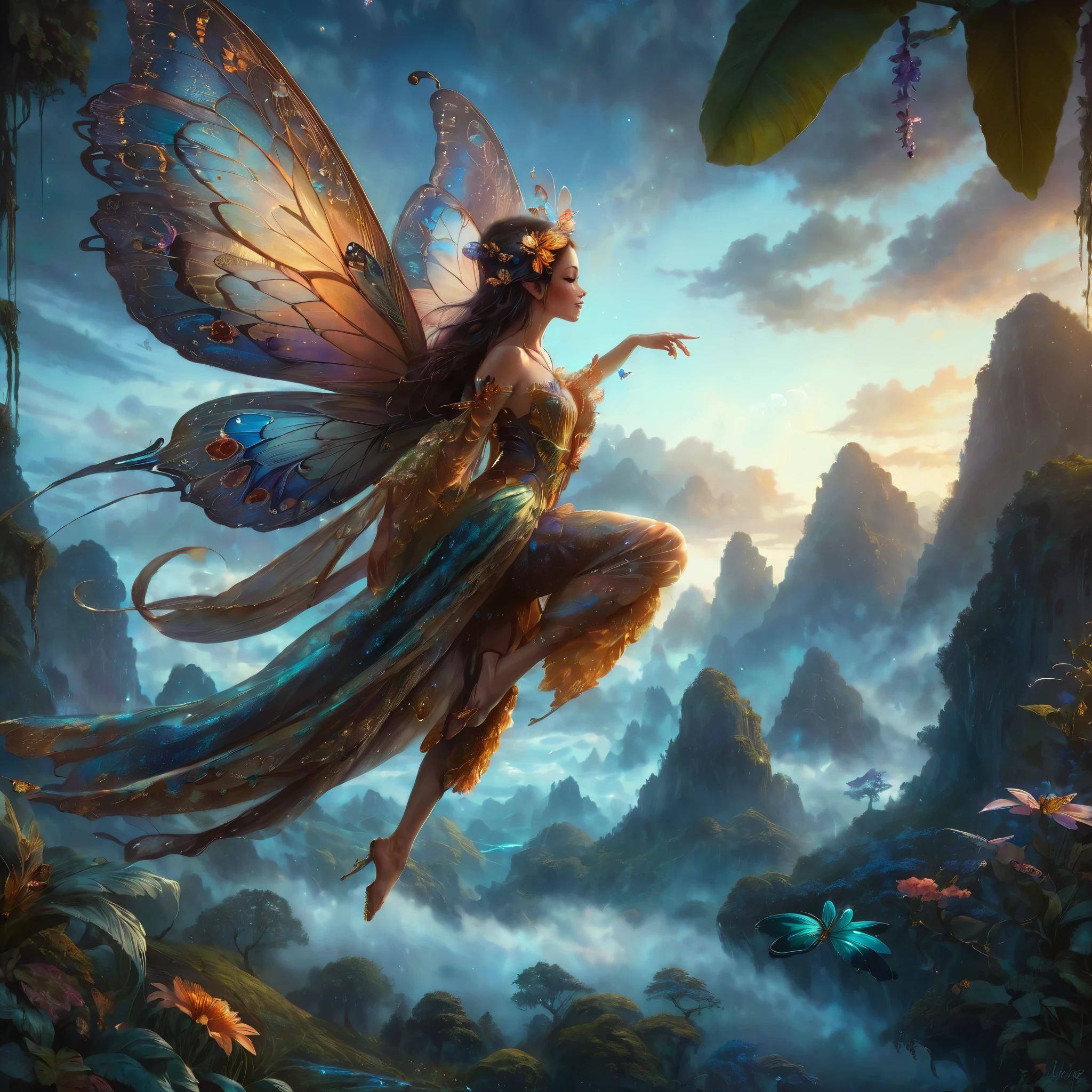 there is a fairy flying through the air with a butterfly on her back, fantasy art behance, beautiful fantasy art, very beautiful fantasy art, 4k fantasy art, breathtaking fantasy art, beautiful fantasy painting, detailed fantasy digital art, 8k fantasy art, detailed fantasy art, amazing fantasy art, artgerm julie bell beeple, fantasy illustrations