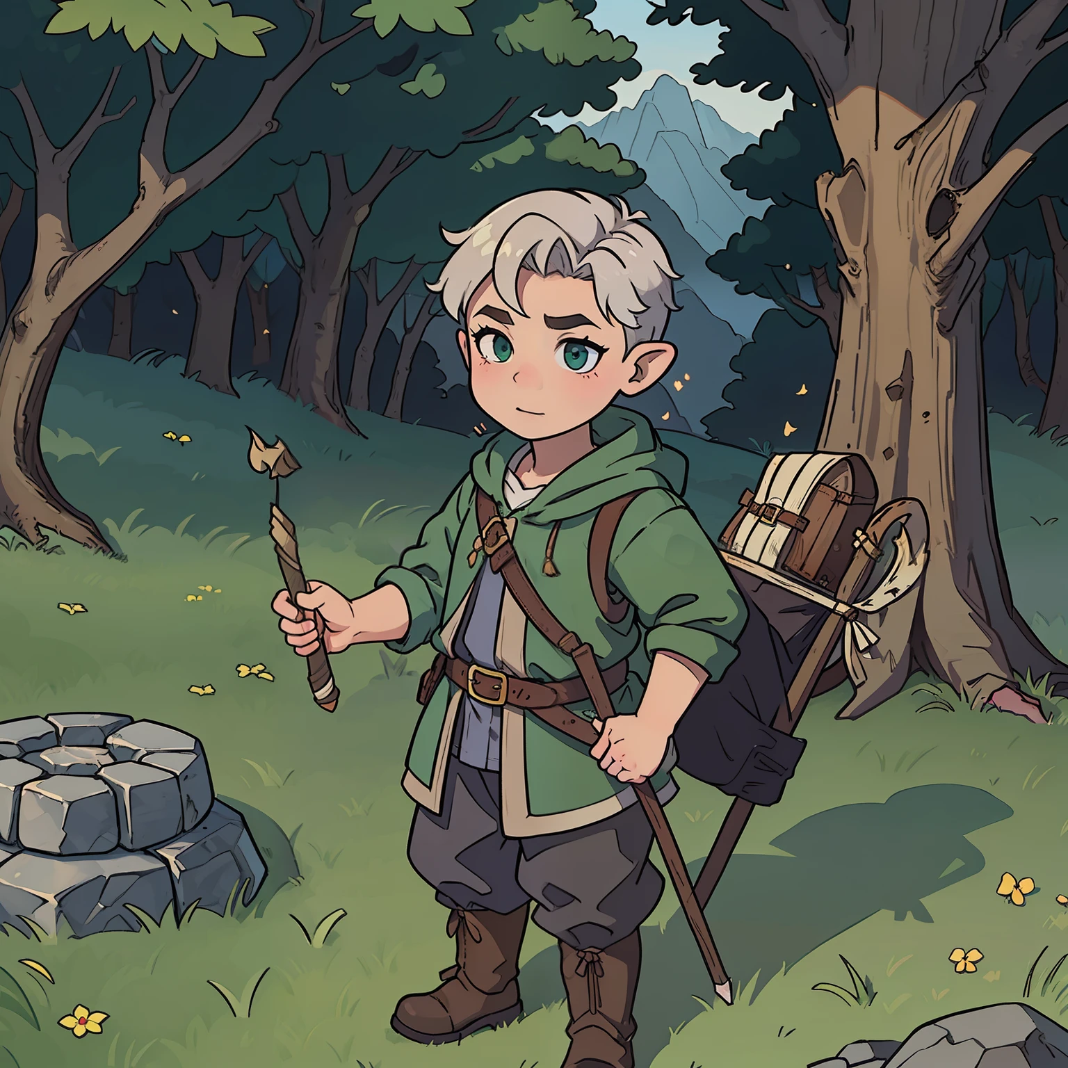 (((masterpiece))), (((best quality))), illustration, single character, archer man, elder person, really old man, wearing a leather medieval cloth, fantasy character, archer gnome portrait, gnome ranger, concept art, dirty leather clothes, beardless face, wrinkles in face, wrinkles, dark green short hair, elven ears, archer character, rpg archer character, dungeons and dragons ranger, rock gnome dungeons and dragons character like, stone skin, game character, rpg character, highligths in hair, green forest in background, anime character, 8k, awesome quality
