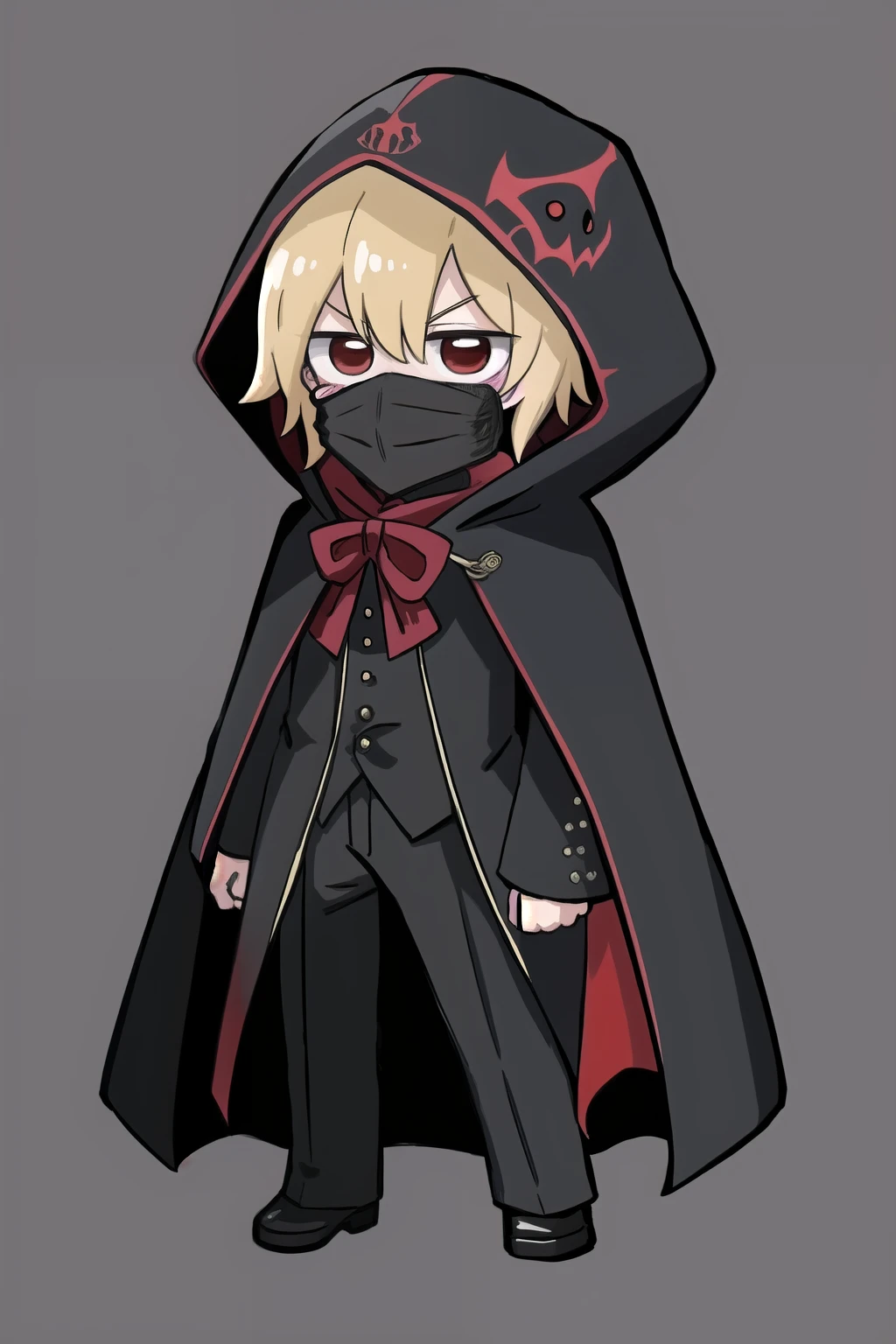 masterpiece, 1 hooded man wearing a mask, black overcoat, best quality, highly detailed, nozochibi, 1 boy, solo, blush stickers, (chibi:1.4), simple background, full body,alucard, hidden on the hood, medieval coat, misterious pose, big coat and hood, dark mask in the shadows, horror fantasy style, dark background