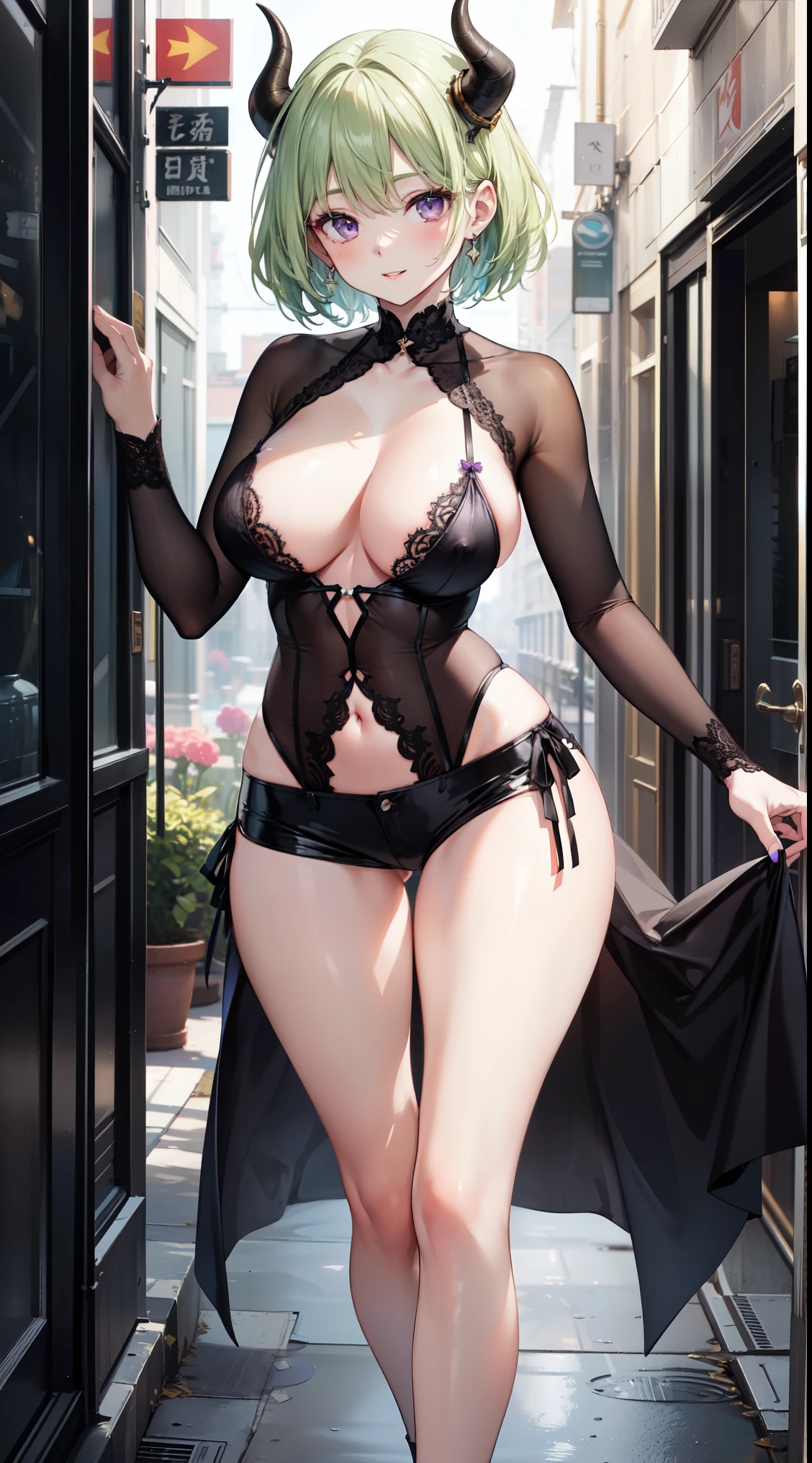 highest quality at best,4k,8k,High resolution,master piece:1.2),super detailed,(actual,Realistic),Bright colors,美しく繊細なpurple eyes,delicate smile,attractive face、、topless、nipple piercing、nippleピアス、highest quality,kind and beautiful woman,thin neck,delicate and sexy body,charming smile,double eyelid,rosy lips,small nose,short hair、open legs,big breasts,have confidence,grace,fascinating,Feeling excited、big ass、huge breasts、Beautiful leg lines、The gaze is on the viewer、Western-style building、brothel、two big horns、sensual body、saggy breasts、nipple、green hair、purple eyes、front、forward、elation、sensual look、seductive pose、very big breasts、huge breasts、whole body、front、black stiletto heels、High leg、black lace、seductive clotheini length、mini lengthshorts
