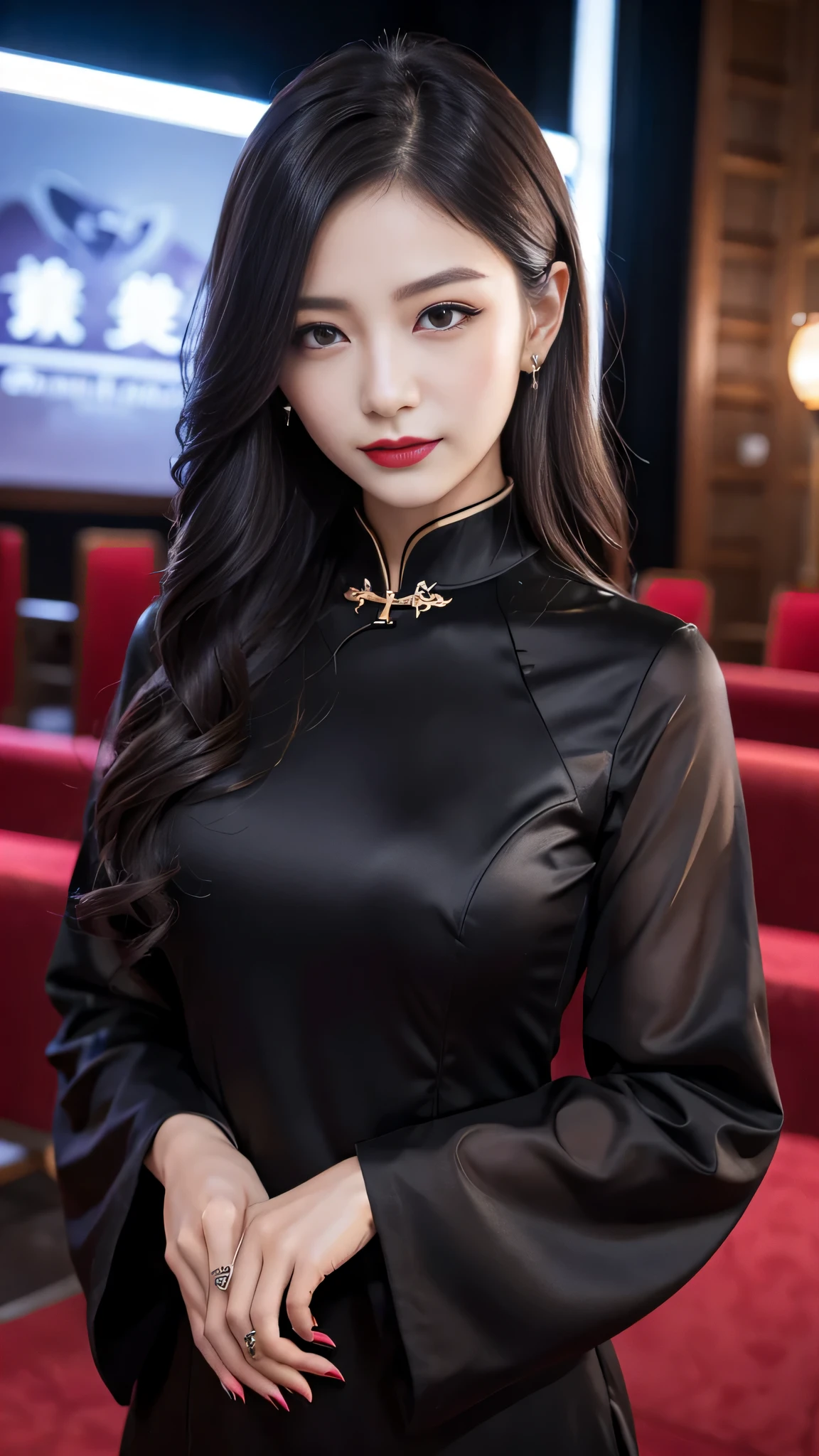 Super detailed、Japanese、charming beauty、seductive adult woman、Beautiful woman、sharp eyes、cool girl、wavy hair、long black cheongsam、wide sleeve、evilの幹部、evil depravity、brainwashing、Mind control、lipstick、grin、evilな表情、evil、empty eyes、evil、church at night、vampire、vampire、Hypnosia makeup brush