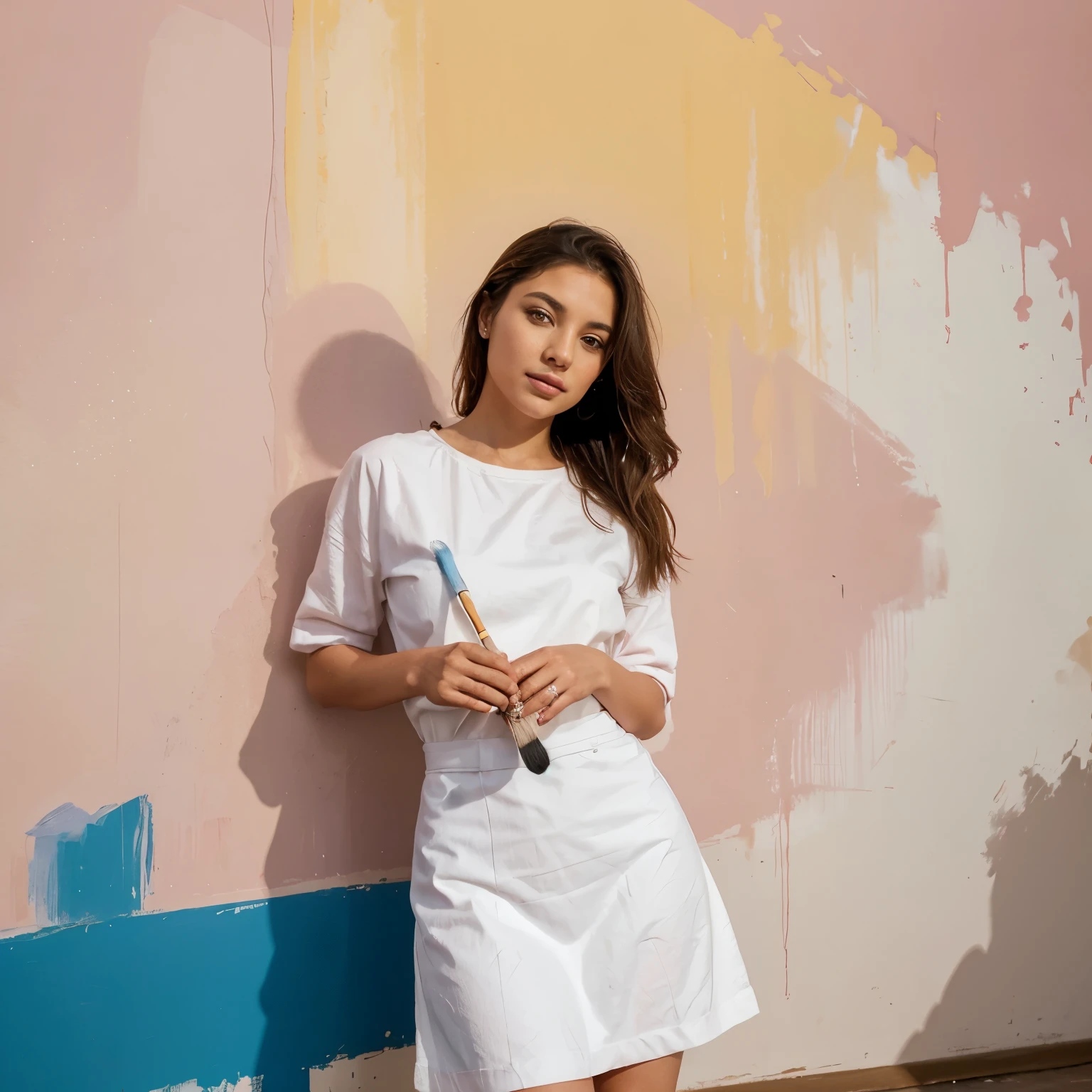 Imagine a captivating scene where a stunning young woman, dressed in professional attire, stands poised in front of a wall, painting it a delicate shade of pink. Despite the practicality of her work clothes, her elegance shines through as she gracefully maneuvers the paintbrush, adding strokes of color to the surface with precision and skill. Describe the juxtaposition of her beauty against the backdrop of the mundane task, highlighting the transformative power of her actions as the dull wall is gradually infused with vibrant hues. Capture the essence of determination and creativity in her expression as she brings life and warmth to the space with each brushstroke.