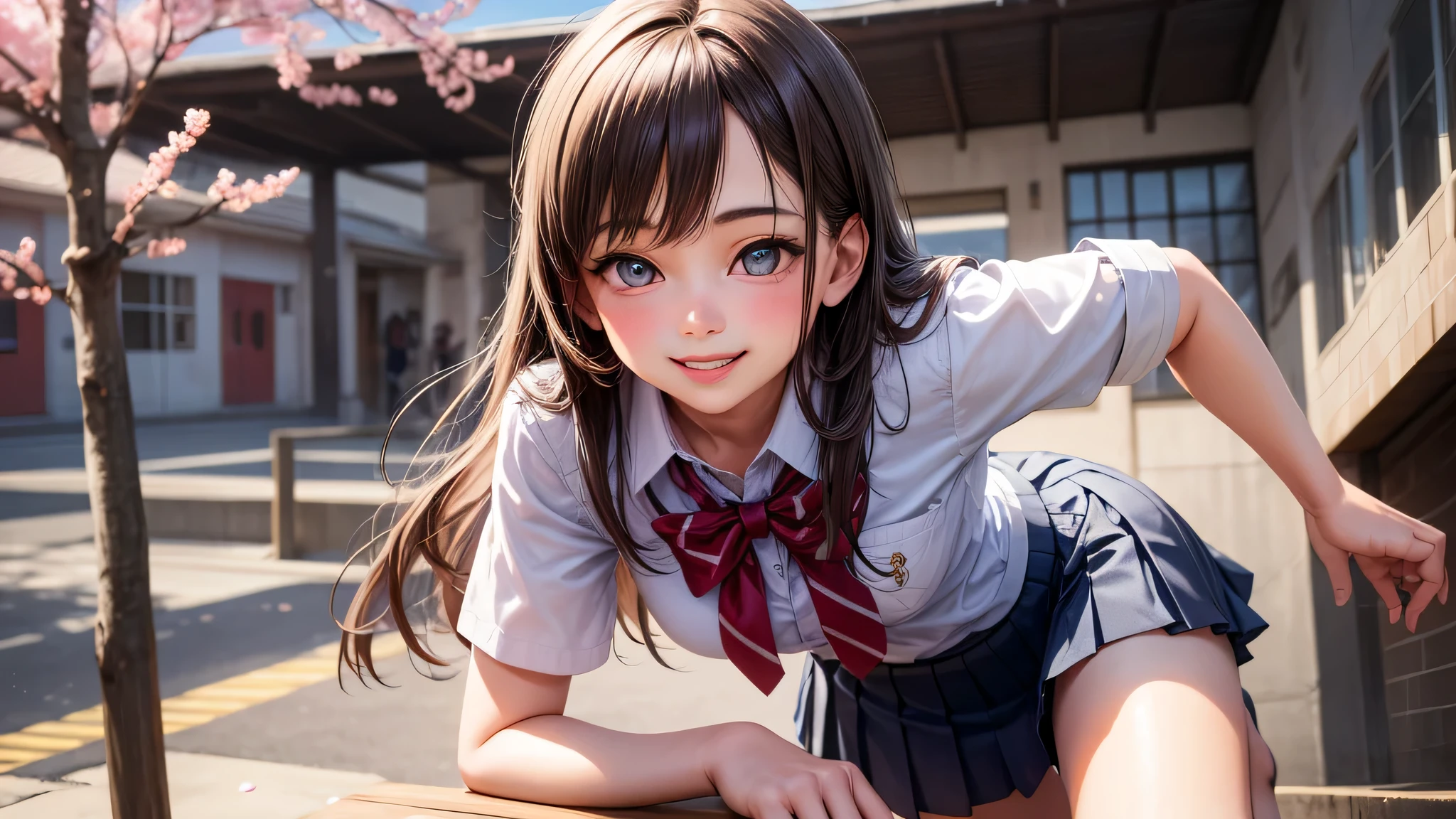 (masterpiece:1.2, top-quality), (realistic, photorealistic:1.4), beautiful illustration, 
looking at viewer, full body, front view:0.6, 
1 girl, japanese, high school girl, (long hair:1.5), blown hair, (side ponytail), hair over one eye, large breasts:0.8, 
beautiful hair, beautiful face, beautiful detailed eyes, beautiful clavicle, beautiful body, beautiful chest, beautiful thigh, beautiful legs, beautiful fingers, 
(beautiful scenery), school, outdoors, 
((collared short sleeve shirt, white shirt, school uniform, grey plaid pleated skirt, blue plaid bow tie)), white panties, 
(squatting, spread legs, female masturbation, rubbing the chest, hand between legs,