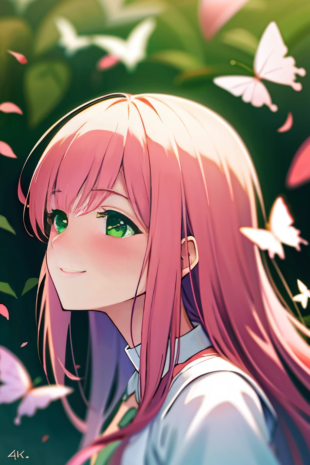 (best quality,4k,8k,highres,masterpiece:1.2),ultra-detailed,(realistic,photorealistic,photo-realistic:1.37),smiling girl in a beautiful garden,anime style,soft vibrant colors,gentle sunlight,flowing pink hair,wispy eyelashes,sparkling green eyes,fair skin,rosy cheeks,dainty floral dress,loose flowing fabric,soft breeze,elegant posture,peaceful ambiance,lush greenery,fragrant blossoms,vibrant flowers,dappled light,delicate petals,graceful movements,colorful butterflies flitting around,subtle blush on cheeks,playful expression,subtle magic in the air,gentle footsteps on the grass,playful perspective,serene and dreamy atmosphere