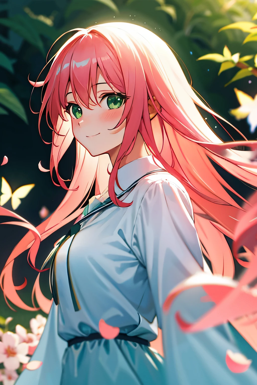 (best quality,4k,8k,highres,masterpiece:1.2),ultra-detailed,(realistic,photorealistic,photo-realistic:1.37),smiling girl in a beautiful garden,anime style,soft vibrant colors,gentle sunlight,flowing pink hair,wispy eyelashes,sparkling green eyes,fair skin,rosy cheeks,dainty floral dress,loose flowing fabric,soft breeze,elegant posture,peaceful ambiance,lush greenery,fragrant blossoms,vibrant flowers,dappled light,delicate petals,graceful movements,colorful butterflies flitting around,subtle blush on cheeks,playful expression,subtle magic in the air,gentle footsteps on the grass,playful perspective,serene and dreamy atmosphere