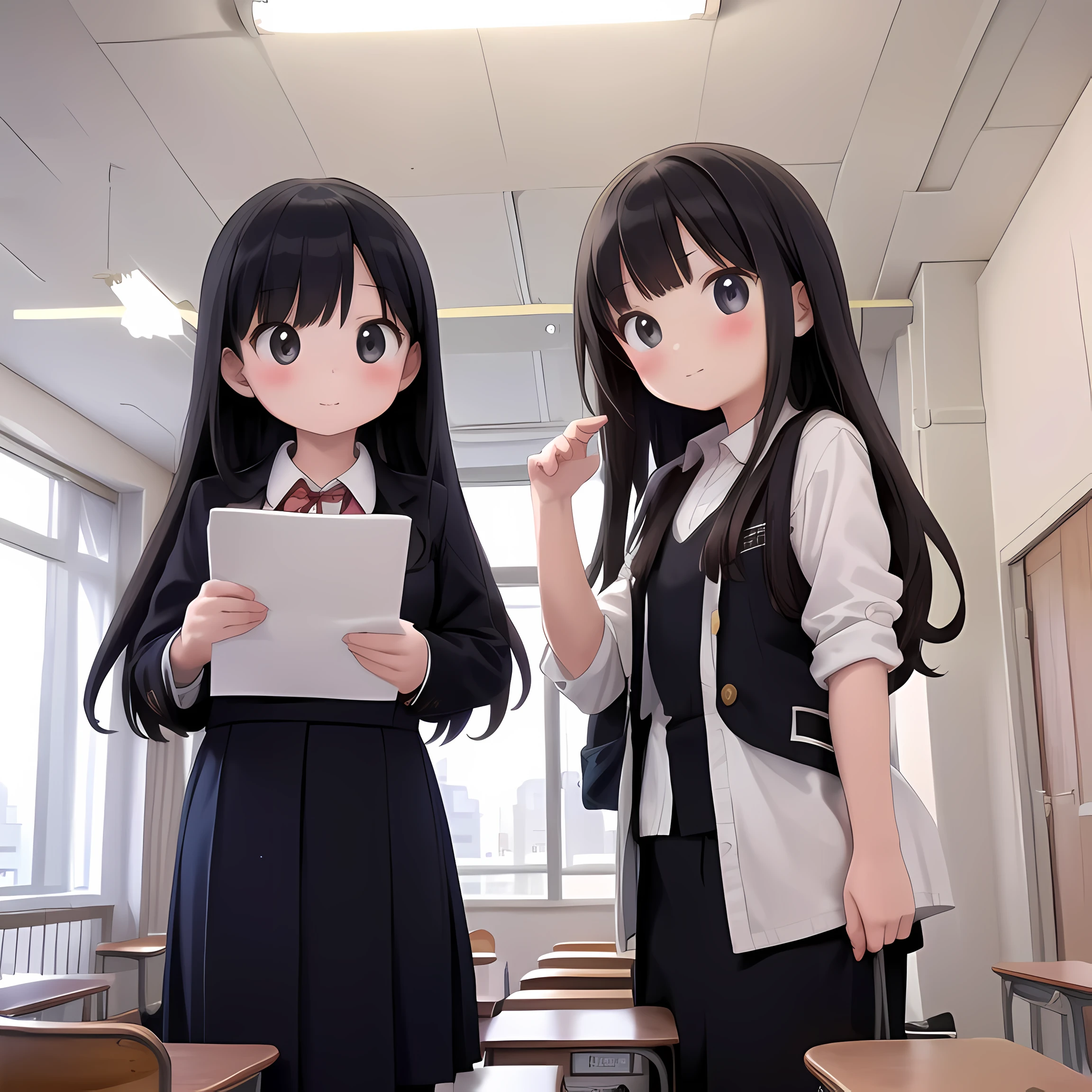 Best quality, Very detailed, clarification,
2 girls , Black hair, long hair, Black eyes, school uniform, Blush, Looking at the scenes, Acquaintance,
Kyoshitsu, classroom, natural landscape, the blackboard, Window, school, Inside, hour, Sun light, school desk, Signboard, الShade, curtains, school chair, ceiling light, Shade, Artist name, book, ceiling, day, paper,