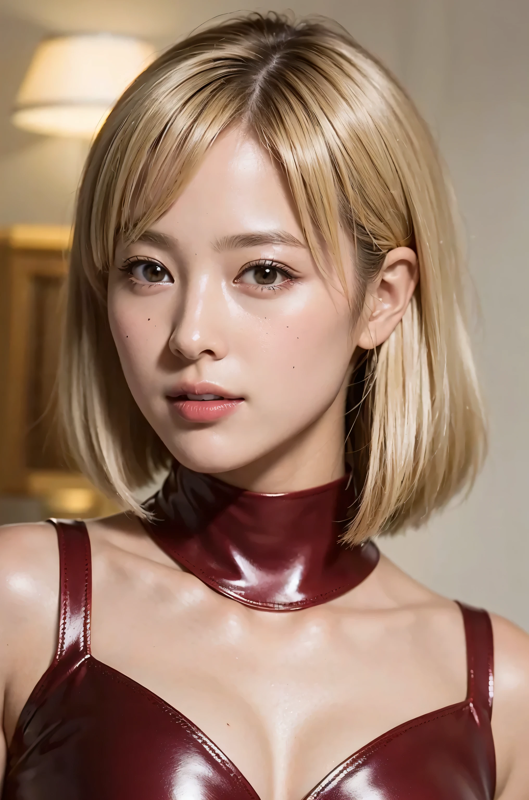 (8k、RAW photo、highest quality、masterpiece:1.2)、(realistic、Photoreal:1.37)、Super detailed、超A high resolution、close up of face, alone, 1 girl、see the beholder、(30 years old), There are age-appropriate wrinkles, platinum blonde hair, beautiful and detailed face、laughter、narrow、(slim waist) :1.3)、short bob hair with blonde hair、Fine and beautiful skin、skin texture、floating hair、professional lighting、as a whole human body、blonde hair, (Shiny red leather bodysuit with open neckline,cleavage cutout :1.2), (covered nipples:0.9), Hotel, bedroom, flat chest, small breasts, shining eyes, towards the camera, Female dog, 