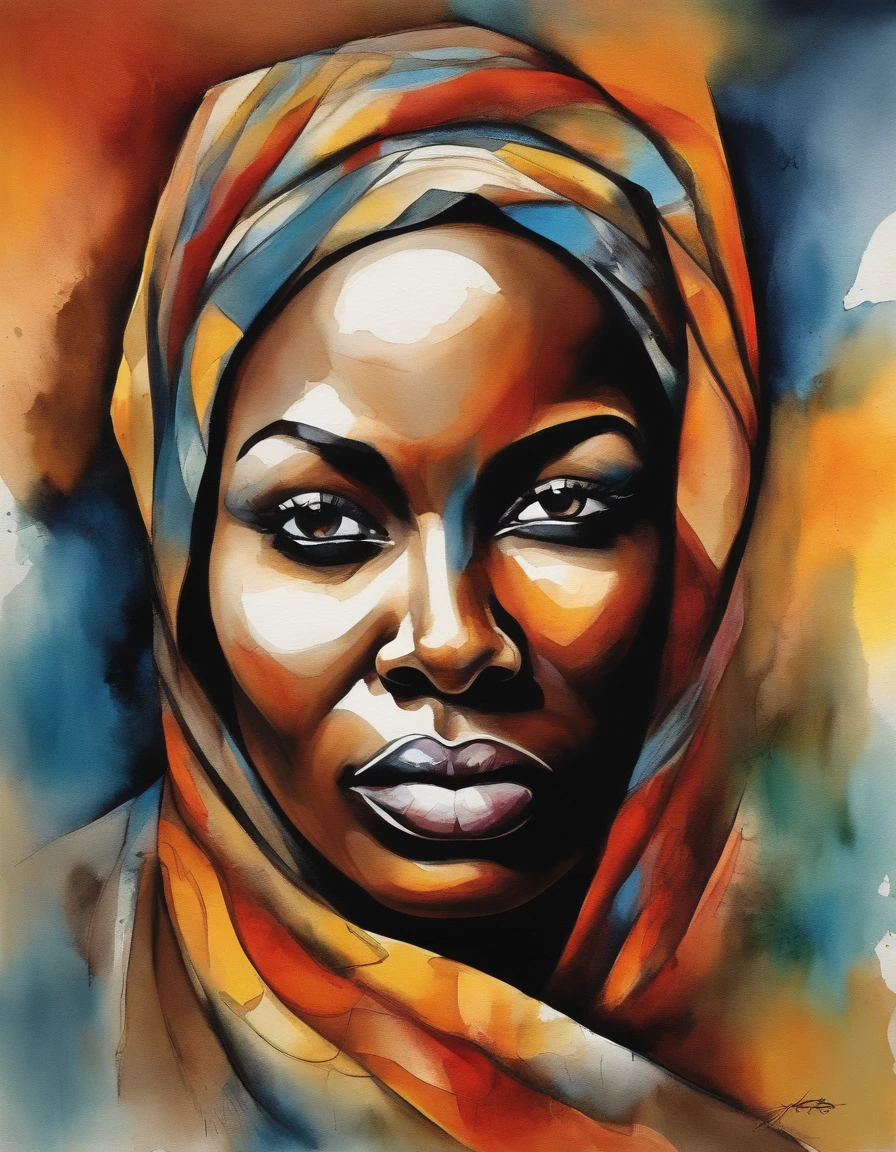 Centered image. Makeup of a faceless African woman, sur fond noir, Visage abstrait, Portrait abstrait, stylized face, Peinture pop art, Very expressive detailed face, expressive female face, Style Picasso, Une peinture pop art, Belle peinture expressive, detailed face of a woman, detailed expression, Style Picasso, Style cubisme
