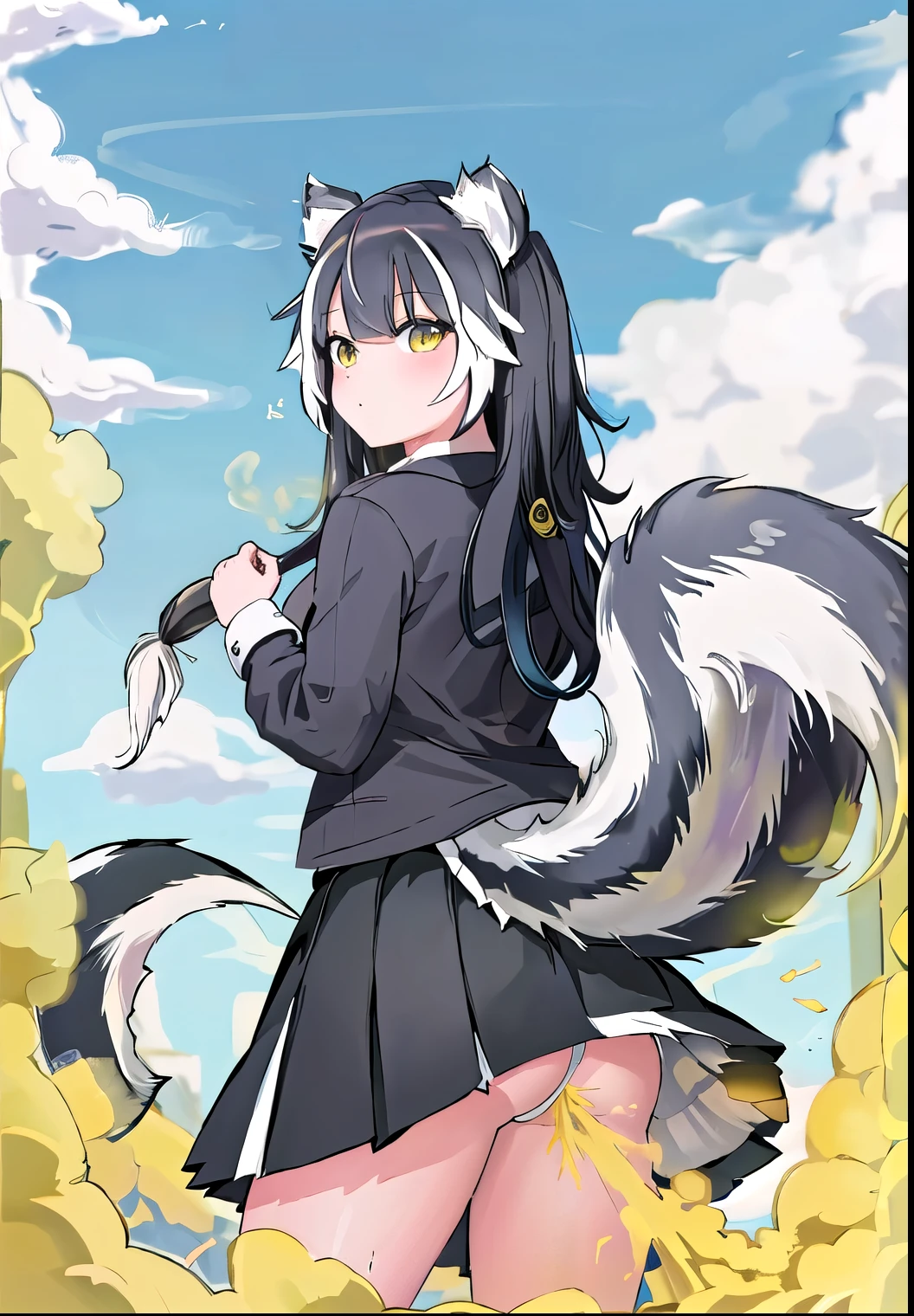 masterpiece, highest quality, (fart, farting, Yellow gas, 顔farting:1.3), ((お尻からのfart)), yellow smoke, (((skunk girl))), black hair, (((skunk tail))), (((big tail))), の上e tailed, (skirt tail), animal ears