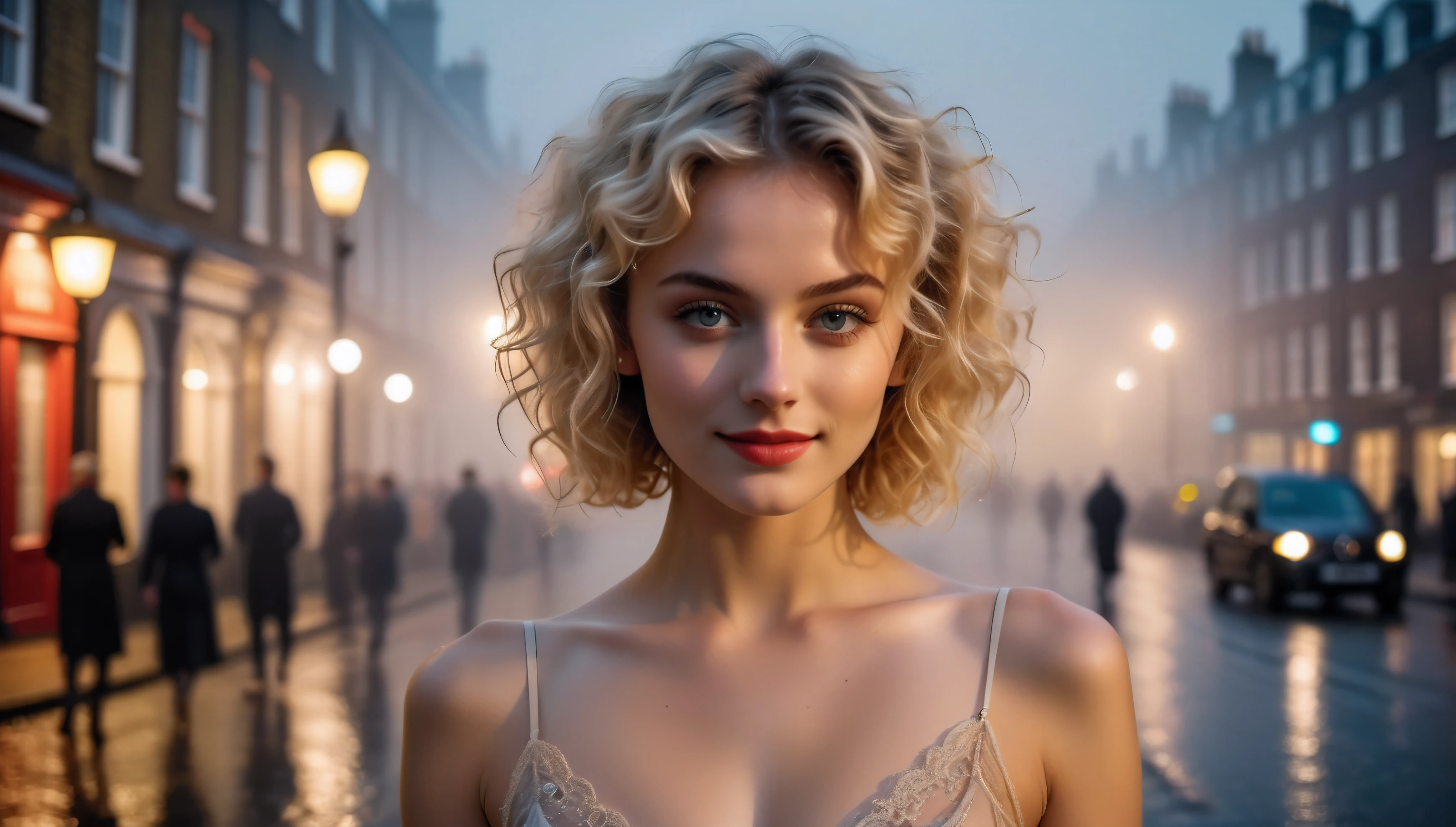 side shot photo of English Supermodel Beauty, RAW, Blonde Hair, ((Aquiline Nose)), (Short Curly Hairstyle), ((detailed Englsih face)), ((detailed facial features)), (finely detailed skin), pretty skin, (detailed beautiful eyes), (Skimpy Victorian dress), (at a foggy London street at night), ((tynsdall effect)), (warm colors), breeze, breeze, reflection, (masterpiece), (perfect aspect ratio), (realistic photo), (best quality), (detailed) photographed on a Canon EOS R5, 50mm lens, F/2.8, HDR, (8k) (wallpaper) (cinematic lighting) (dramatic lighting) (sharp focus) (intricate) cute smile, no shadow.