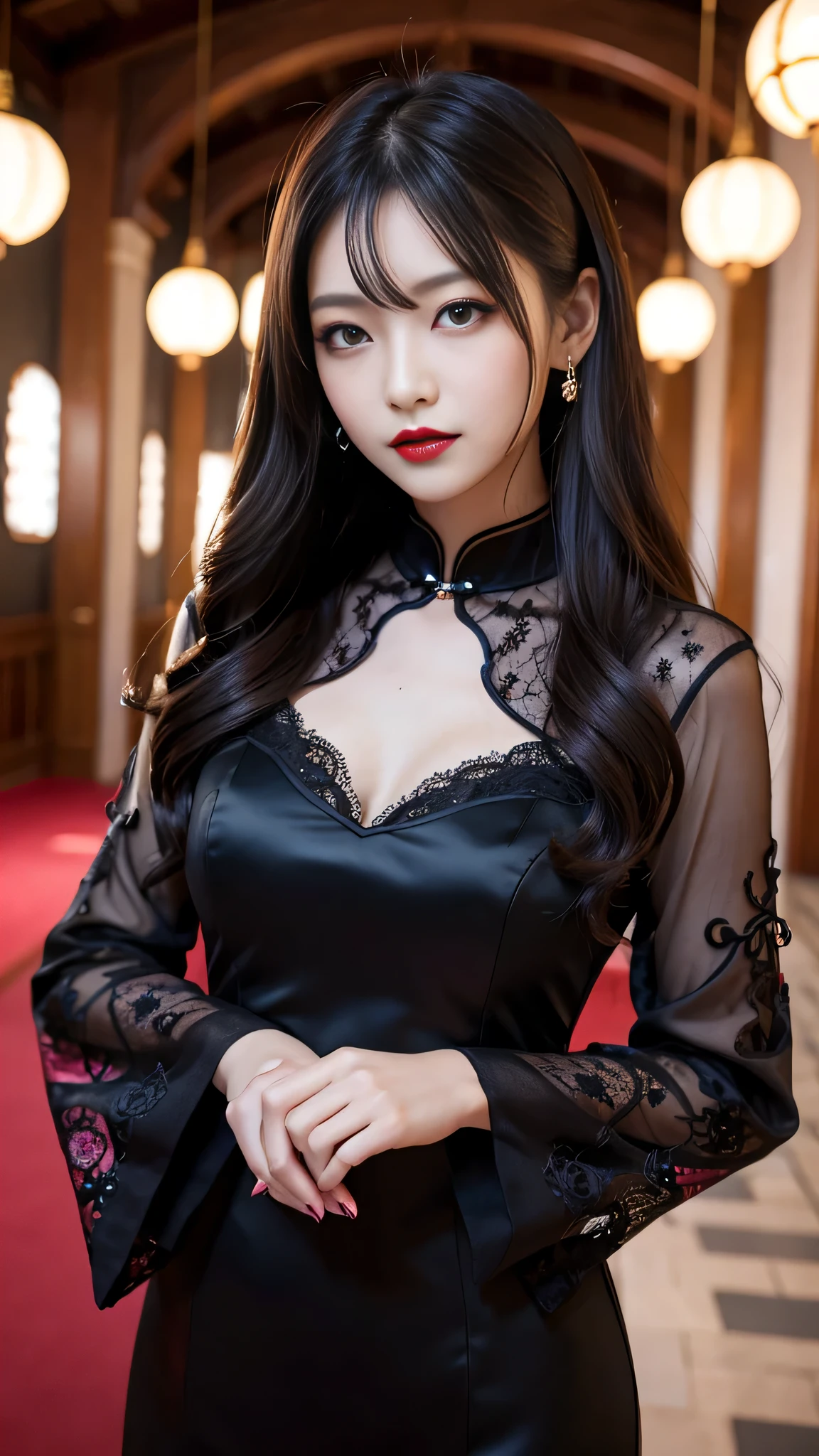 Super detailed、Japanese、charming beauty、seductive adult woman、Beautiful woman、sharp eyes、cool girl、wavy hair、long black cheongsam、wide sleeve、evilの幹部、evil depravity、brainwashing、Mind control、lipstick、grin、evilな表情、evil、empty eyes、evil、church at night、vampire、vampire、Hypnosia makeup brush
