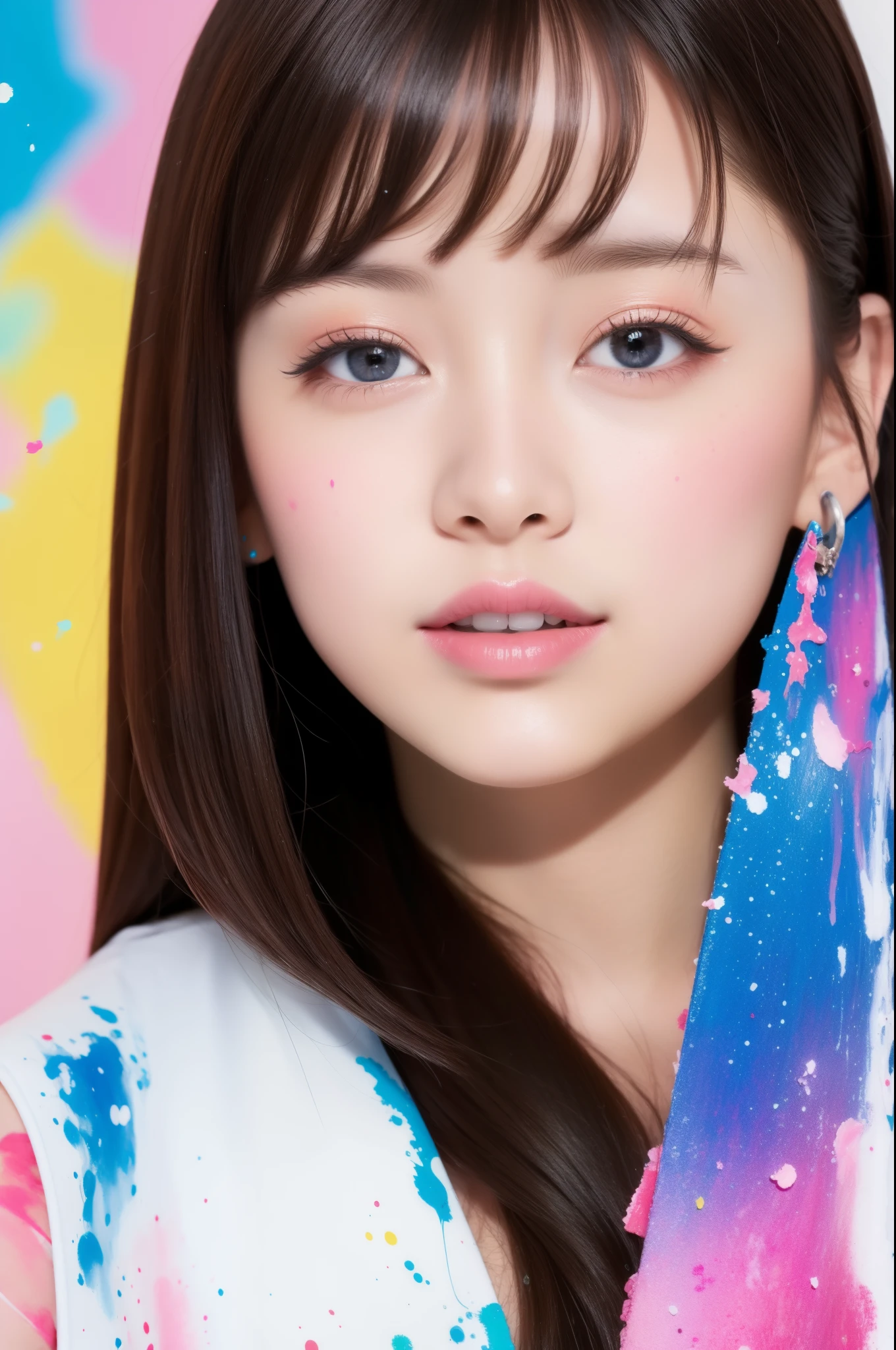 (highest quality、8k、32K、masterpiece)Background with colorful paint splatters、Idol、