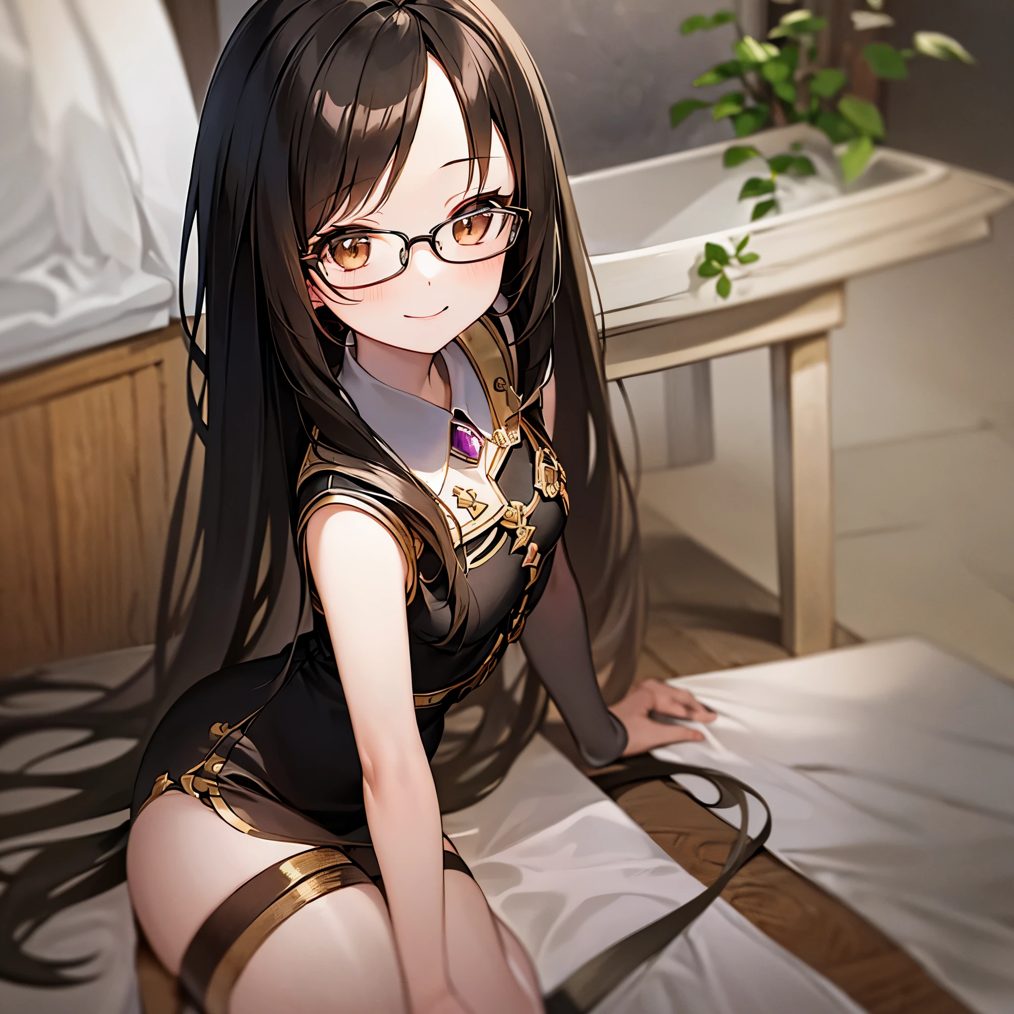 Anime, High quality, Highly detailed, Masterpiece, Beautiful, (short shot) 1 girl, alone, cute, (long black hair, brown eyes, square eyeglasses) smiling