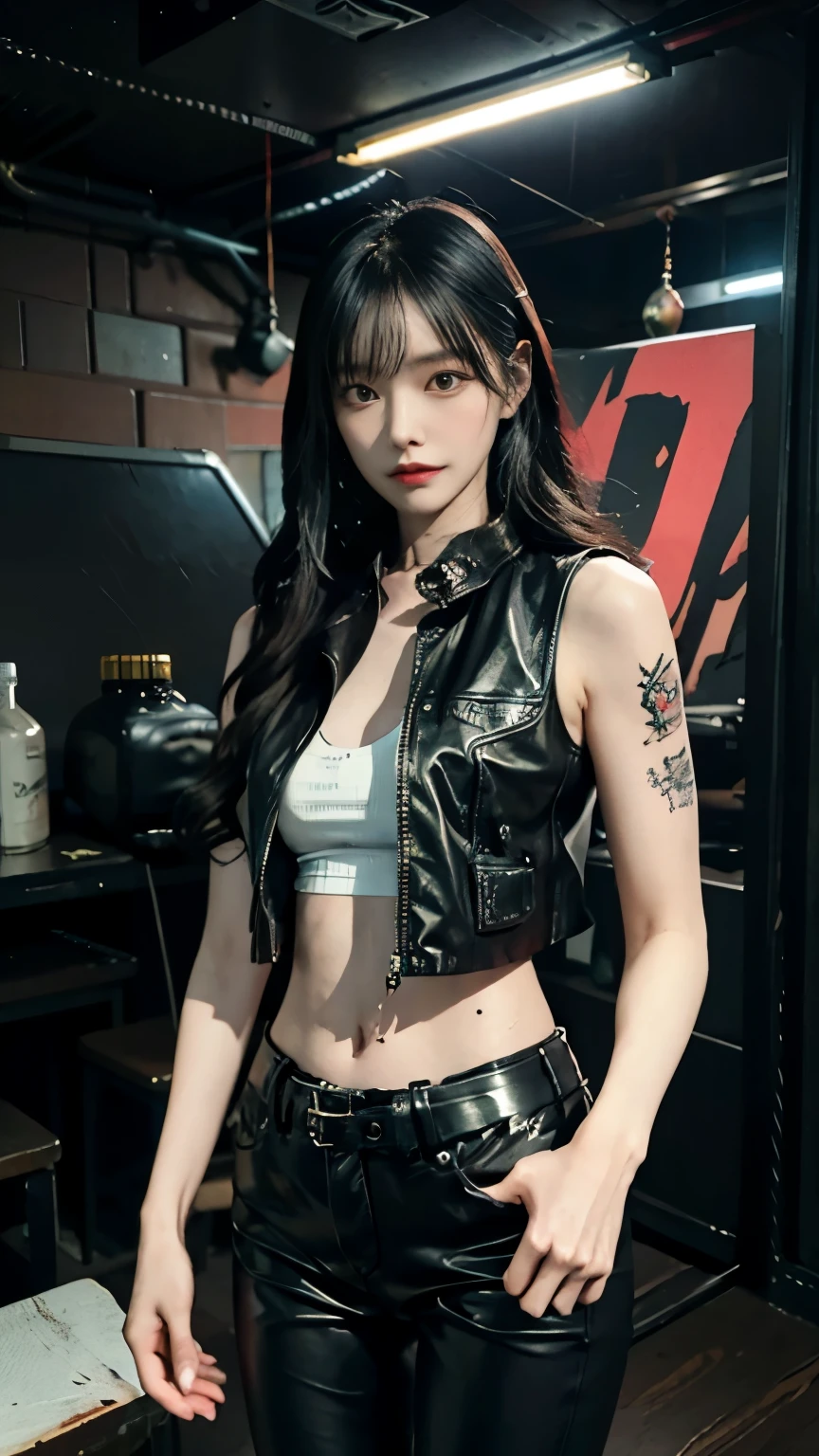 (highest quality)，masterpiece，Super detailed，8K, UHD，Beautiful woman，japanese woman，No expression，whole body，((tattoo))，slim，black leather pants，black leather vest，(female mafia)，gangster，(cyberpunk city)，night，cinematic lightening，underworld