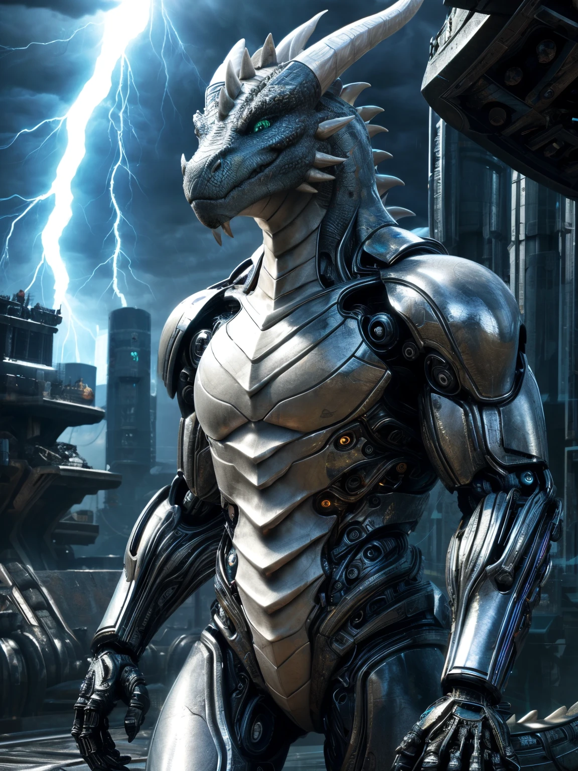 Advanced bionic machinery, cyborg, Humanity, (dragon), cyborg, male, white body, Silver torso, shining, [whole body], muscle, Detailed face, delicate eyes, (1 tail), (led:1.1), vitality, digital level, Outdoor activities, Extremely detailed CG unified 8k wallpaper, trueistic, masterpiece, best quality, lens flare, untrue engine, Popular topics on Artstation, complex, high detail, dramatic, trueism, Beautiful and detailed lighting, shadow, thunder, (phototrueism, photo, true, trueism), phototrueistic, science fiction