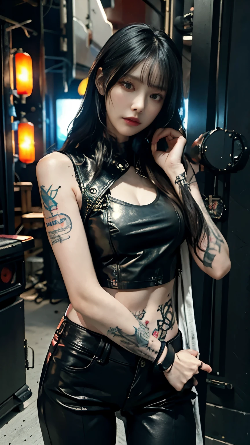 (highest quality)，masterpiece，Super detailed，8K, UHD，Beautiful woman，japanese woman，No expression，whole body，((tattoo))，slim，black leather pants，black leather vest，(female mafia)，gangster，(cyberpunk city)，night，cinematic lightening，underworld