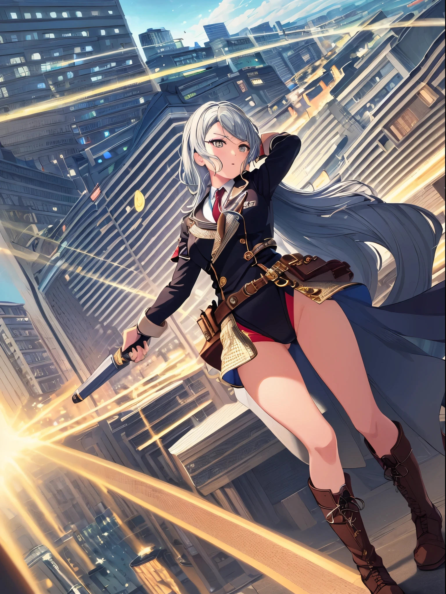 (masterpice, best quality, high quality, highres:1.4), extremely detailed, detailed skin, 4K, line art, art, 1girl, solo focus, sayobd, superhero, leotard, bare legs, gloves, boots, city backdrop, hands on hip, heroic, looking at viewer