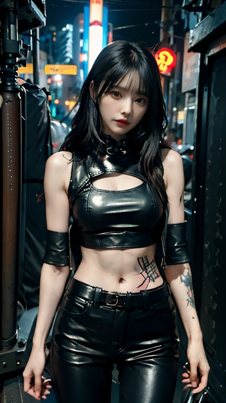 (highest quality)，masterpiece，Super detailed，8K, UHD，Beautiful woman，japanese woman，No expression，whole body，((tattoo))，slim，black leather pants，black leather vest，(female mafia)，gangster，(cyberpunk city)，night，cinematic lightening，underworld